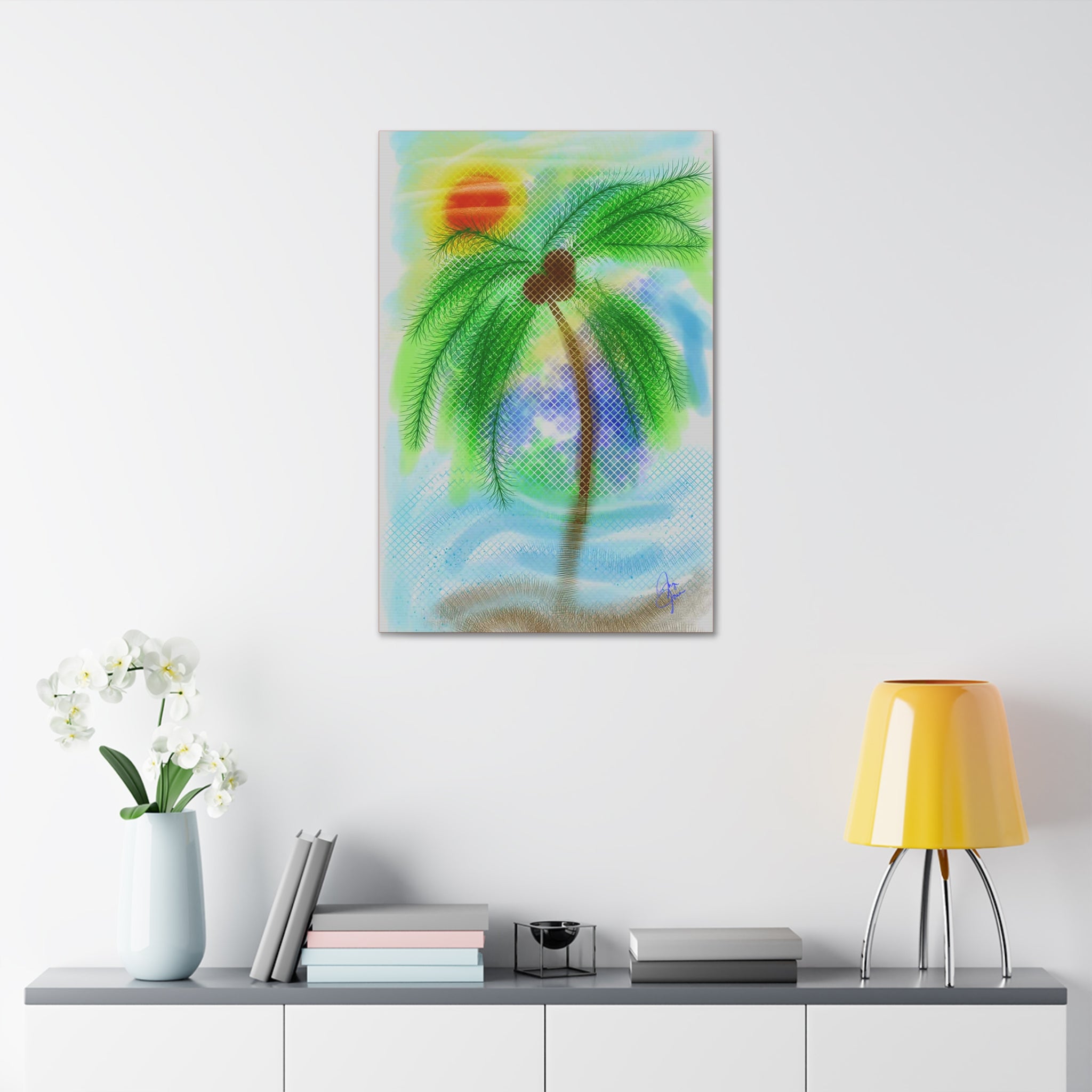 Tropical Palm Canvas Print – Heart Coconut Sunset Wall Art, Stretched 1.5"