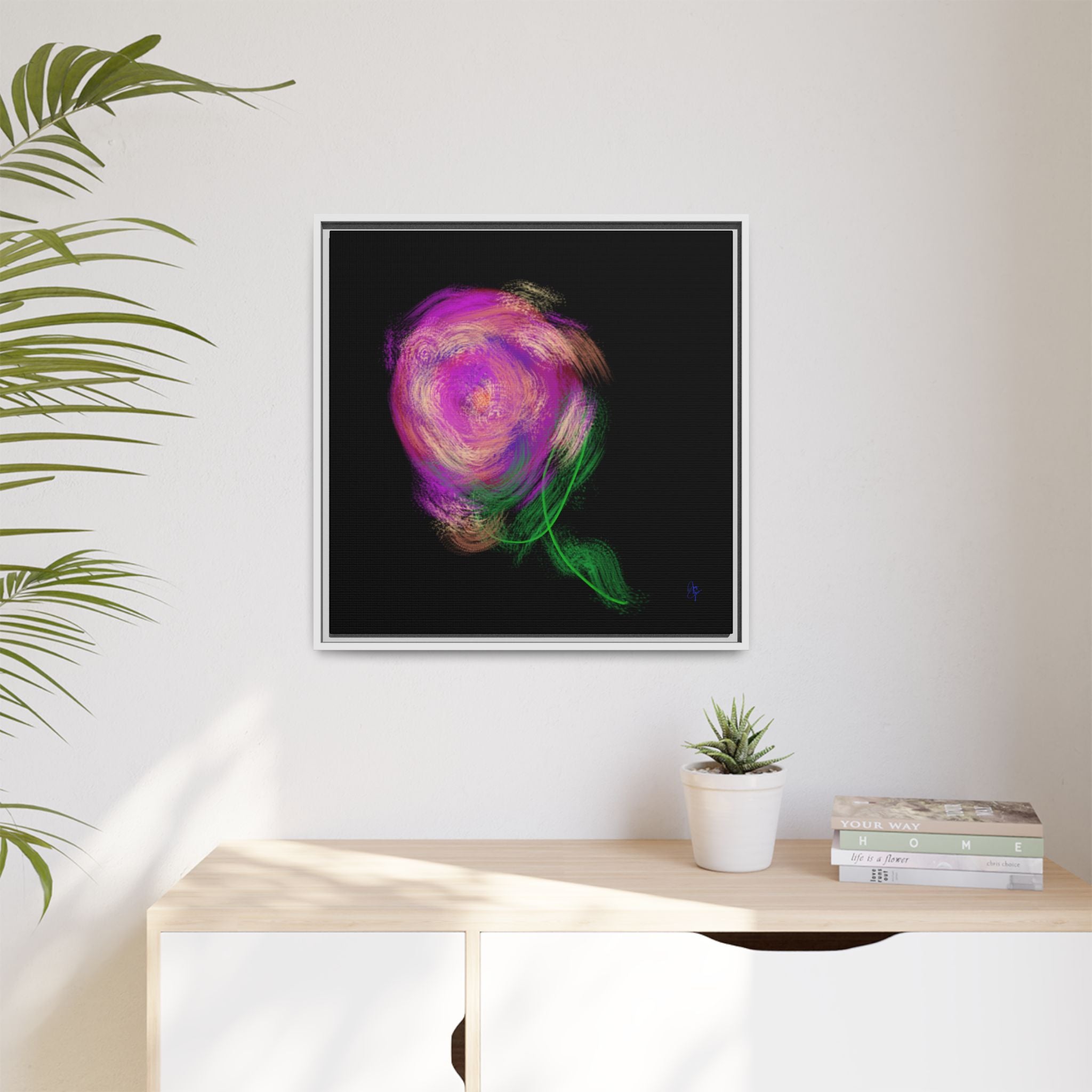Abstract Rose Swirl Matte Framed Canvas — Multicolor Floral Wall Art