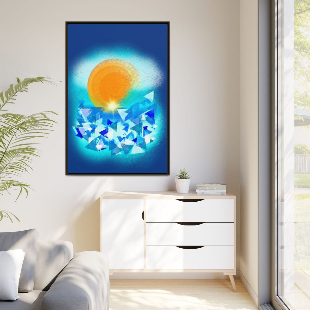 Abstract Sunrise Framed Canvas Art – Orange Sun Over Blue Geometric Waves