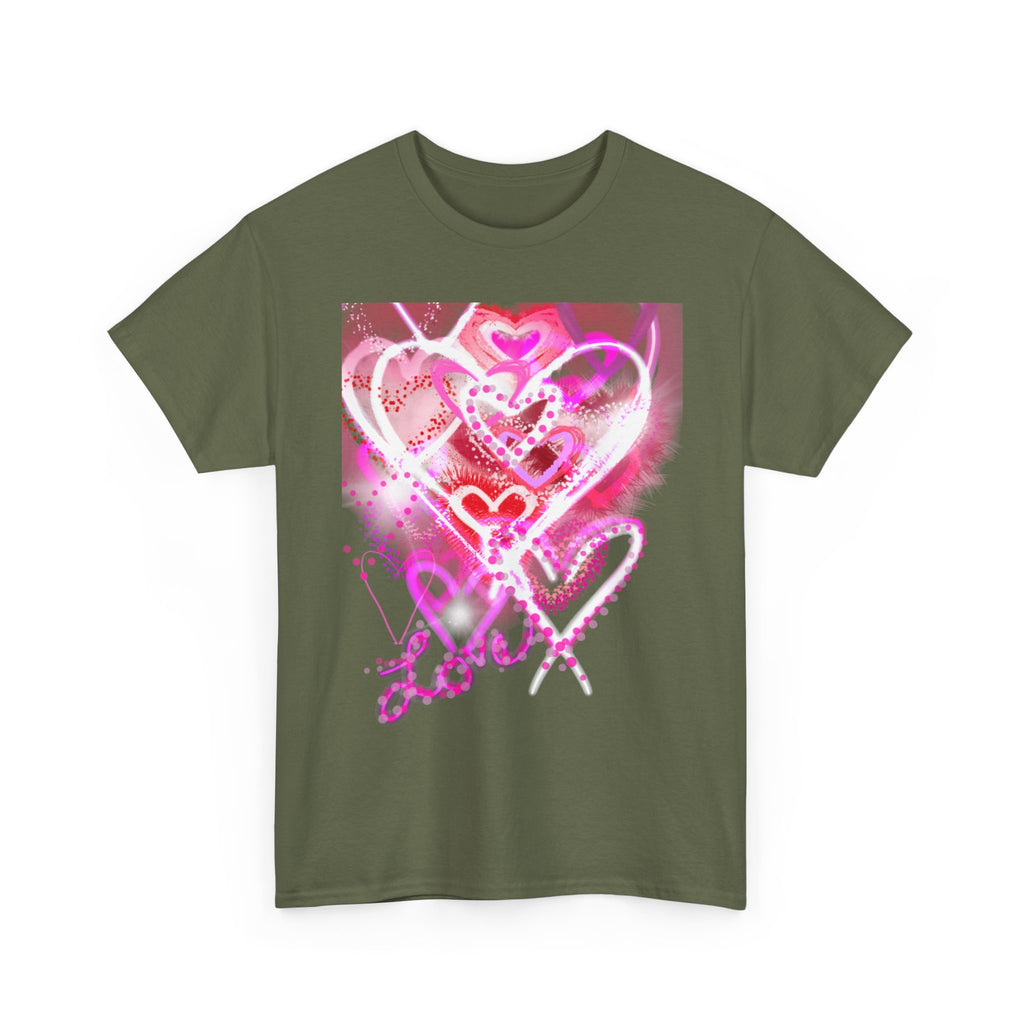 Love Hearts Tee — Pink Watercolor Heart Design Valentine’s Day T‑Shirt
