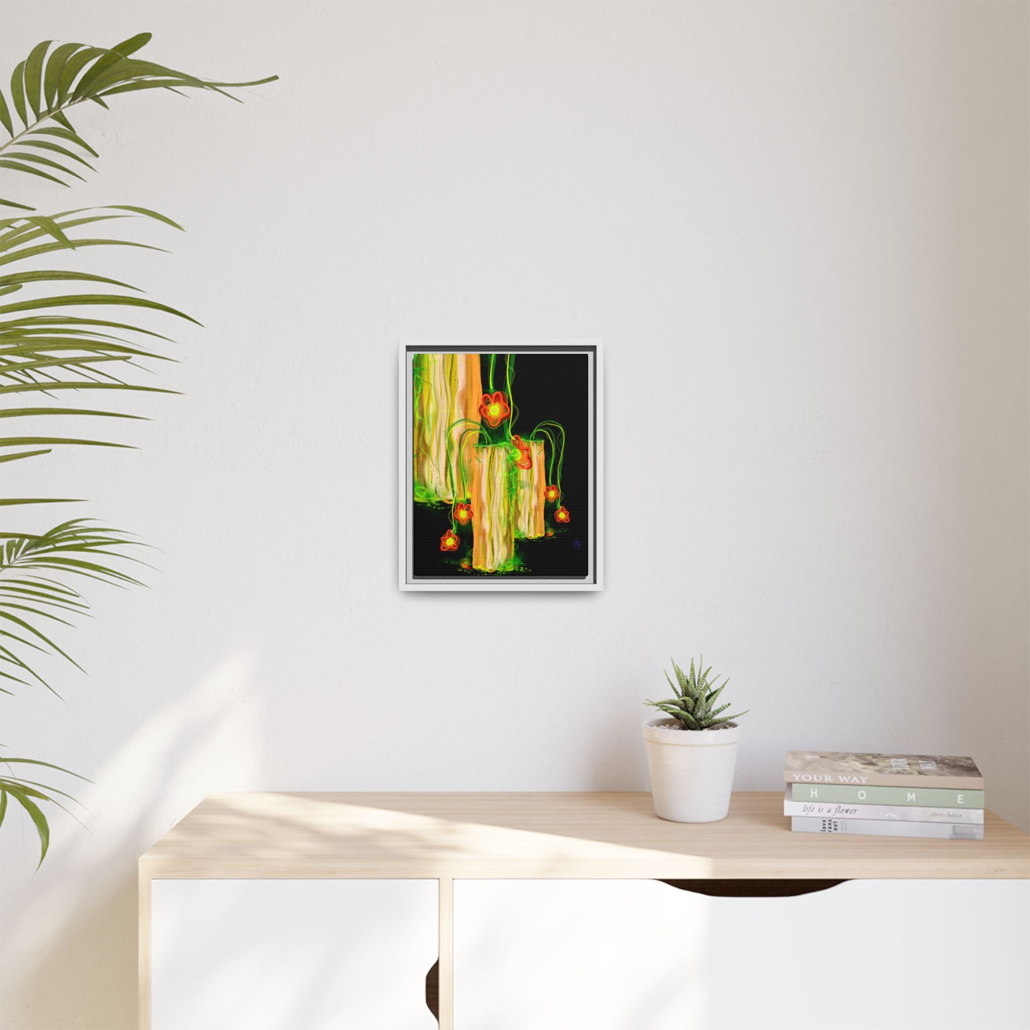 Framed Matte Canvas Print — Neon Floral Candlelight Art