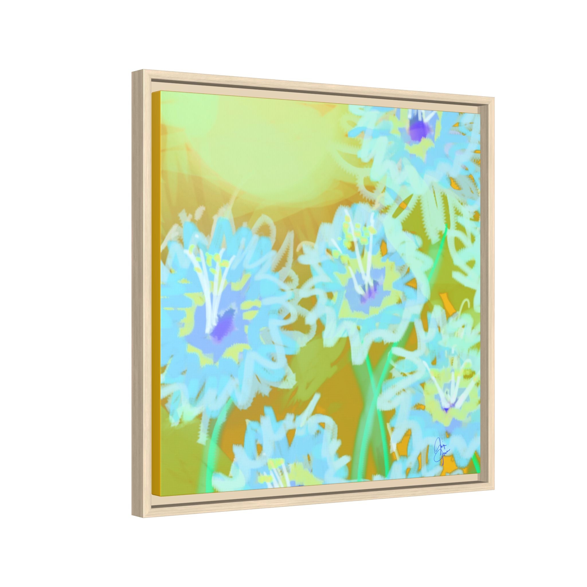 Framed Floral Canvas Art — Blue & Yellow Abstract Bouquet (Matte)