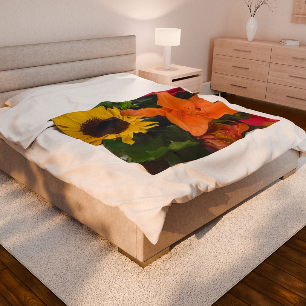 Velveteen Plush Blanket — Vibrant Floral Bouquet Throw (Sunflower & Orange Lily)