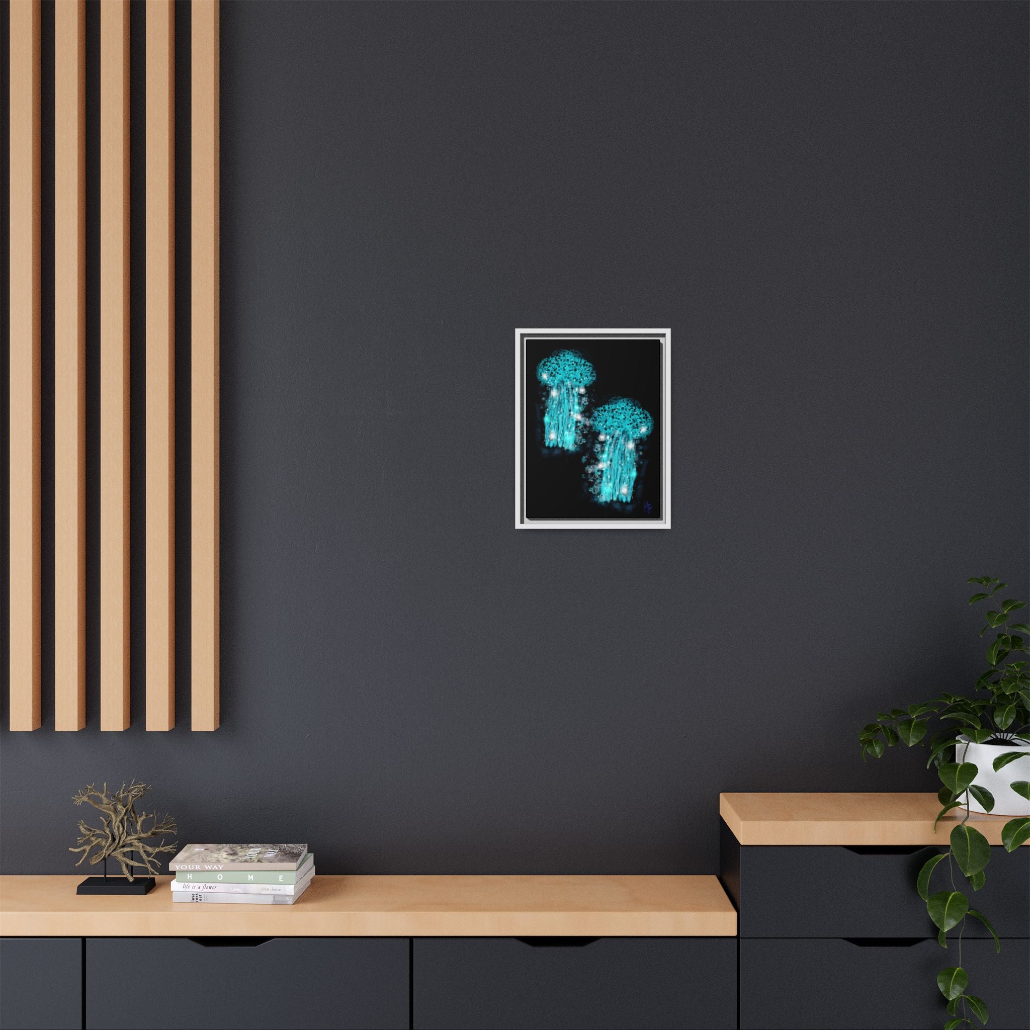 Glowing Jellyfish Art Print — Framed Matte Canvas