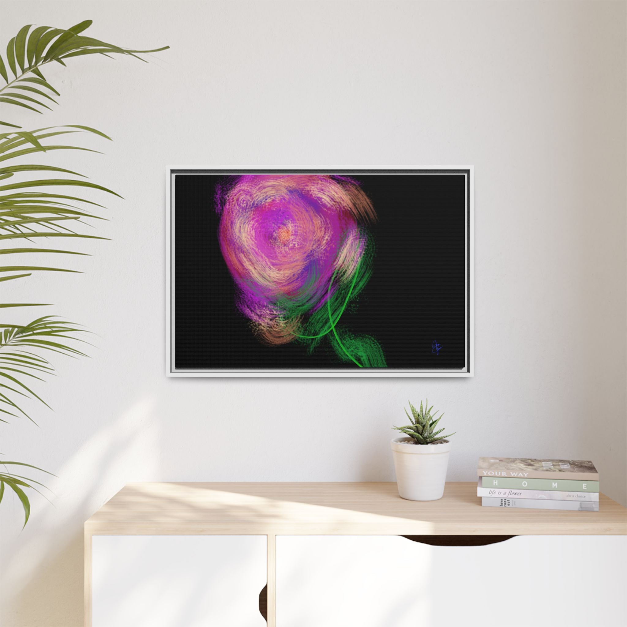 Abstract Rose Swirl Matte Framed Canvas — Multicolor Floral Wall Art