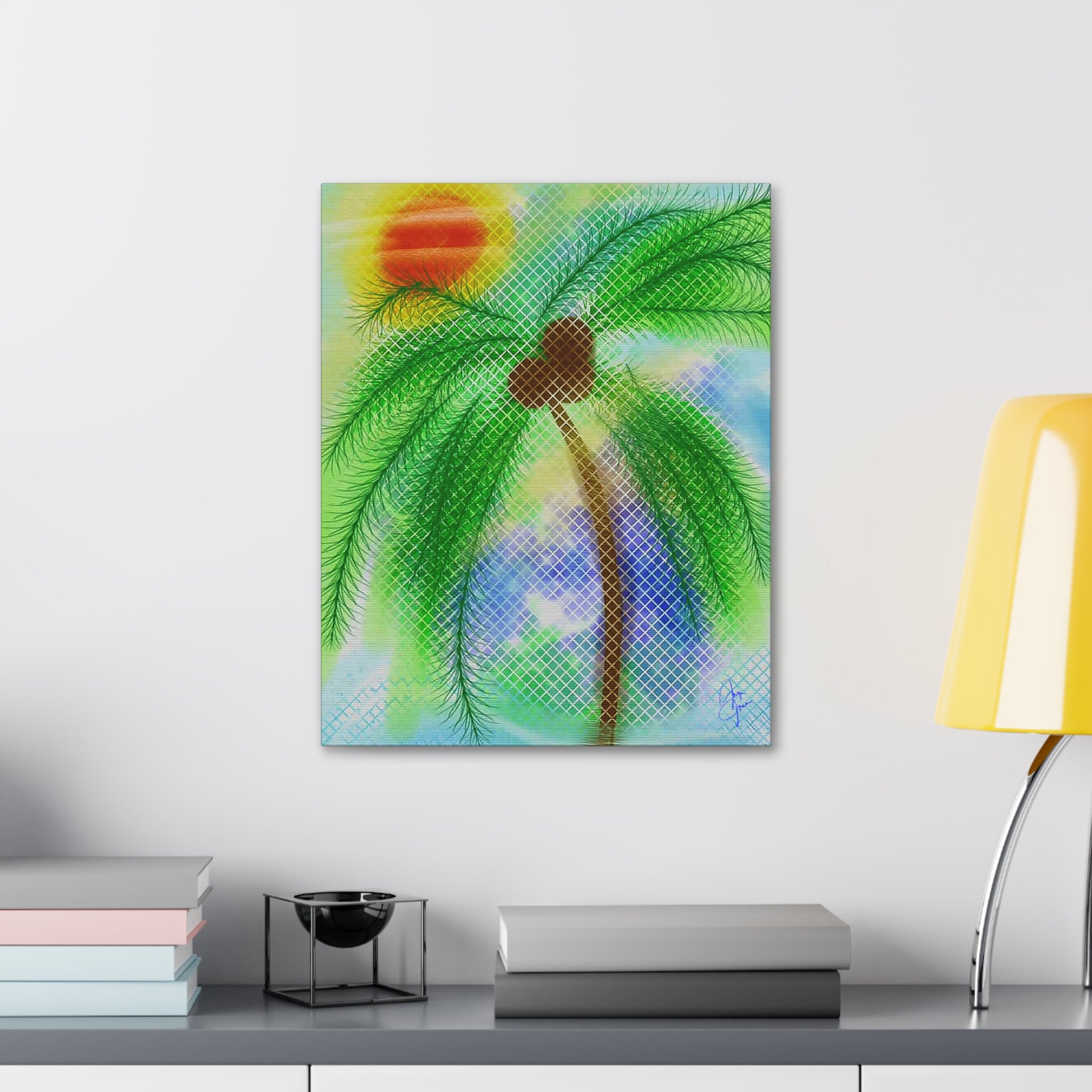 Tropical Palm Canvas Print – Heart Coconut Sunset Wall Art, Stretched 1.5"