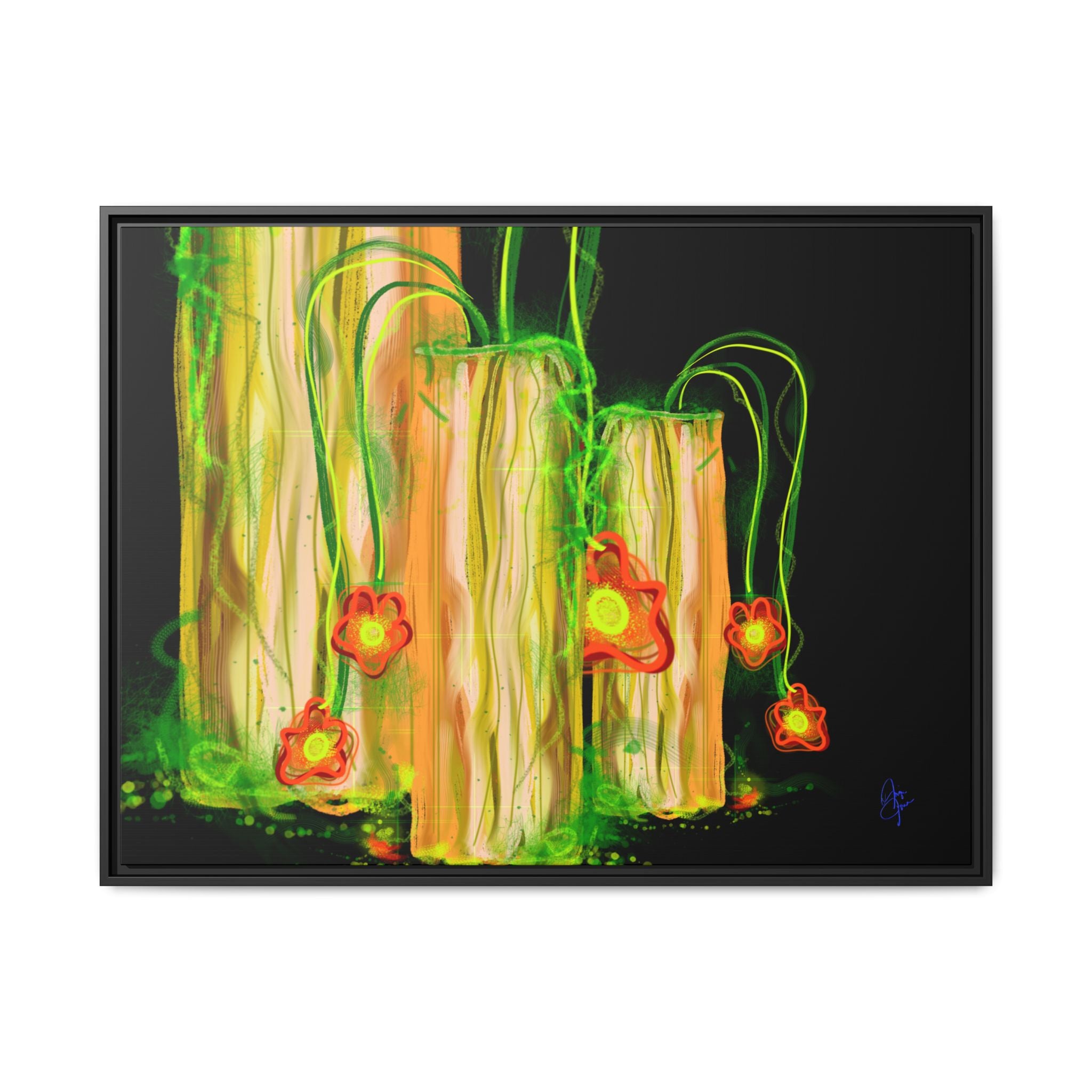 Framed Matte Canvas Print — Neon Floral Candlelight Art