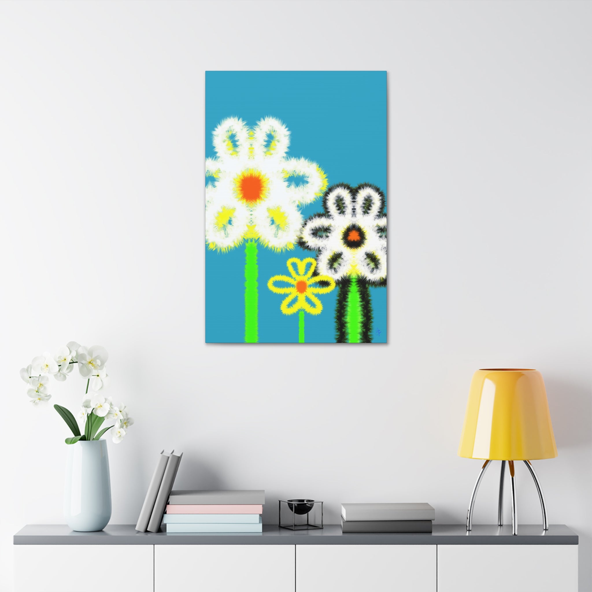 Bright Fuzzy Daisies Canvas Art — Yellow Floral Wall Decor, Stretched 1.5"