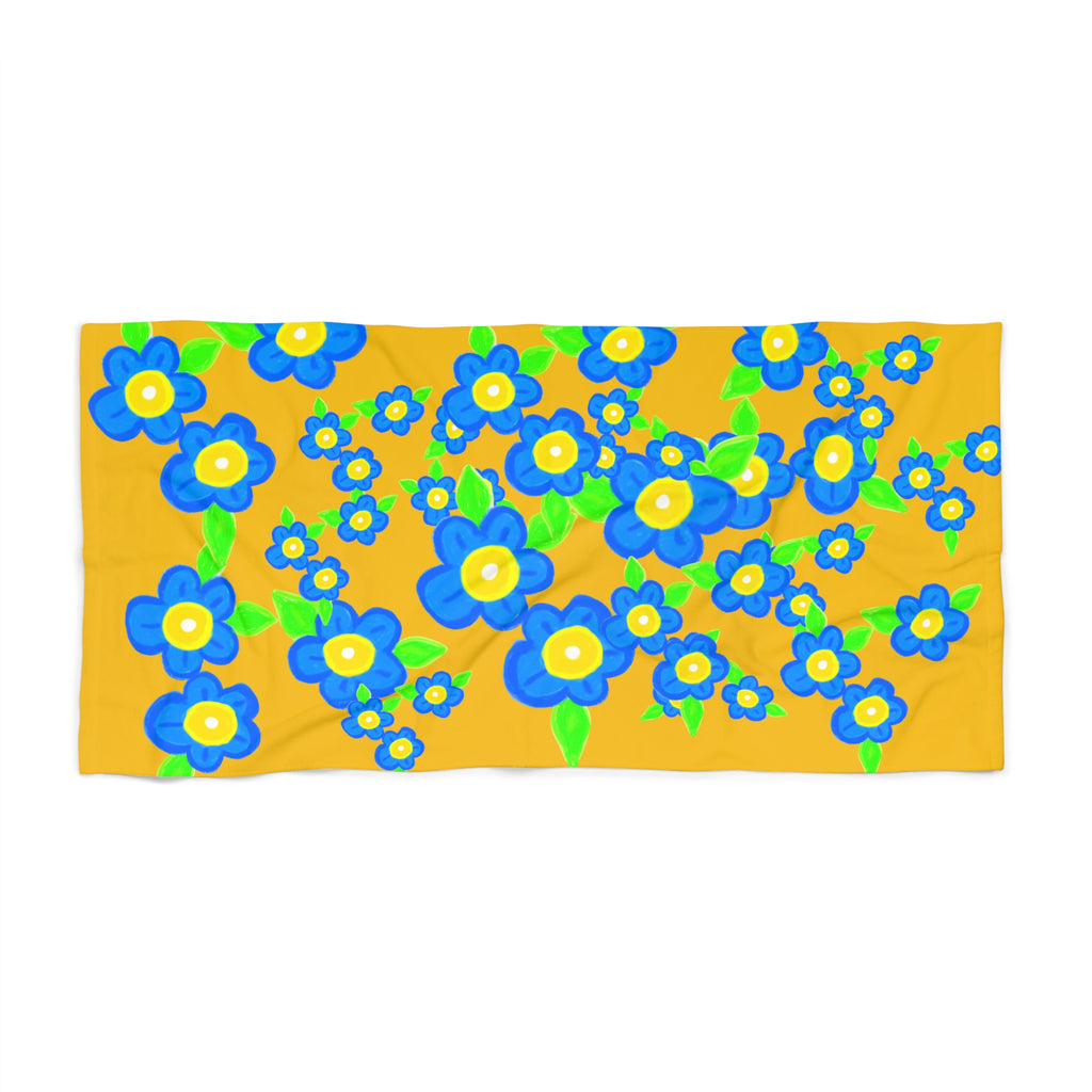Sunny Blue Floral Beach Towel — Bright Yellow Blue Flower Print