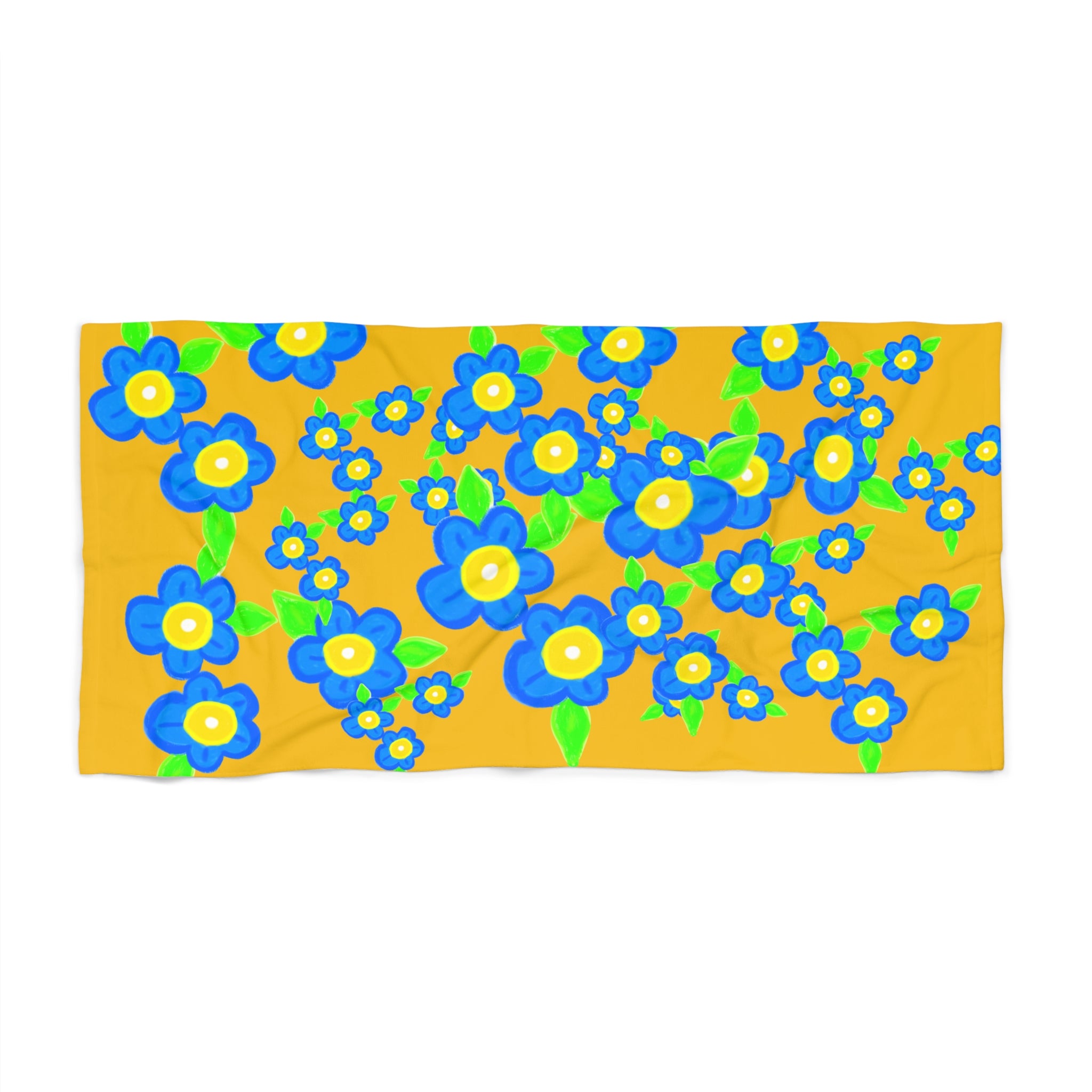 Sunny Blue Floral Beach Towel — Bright Yellow Blue Flower Print