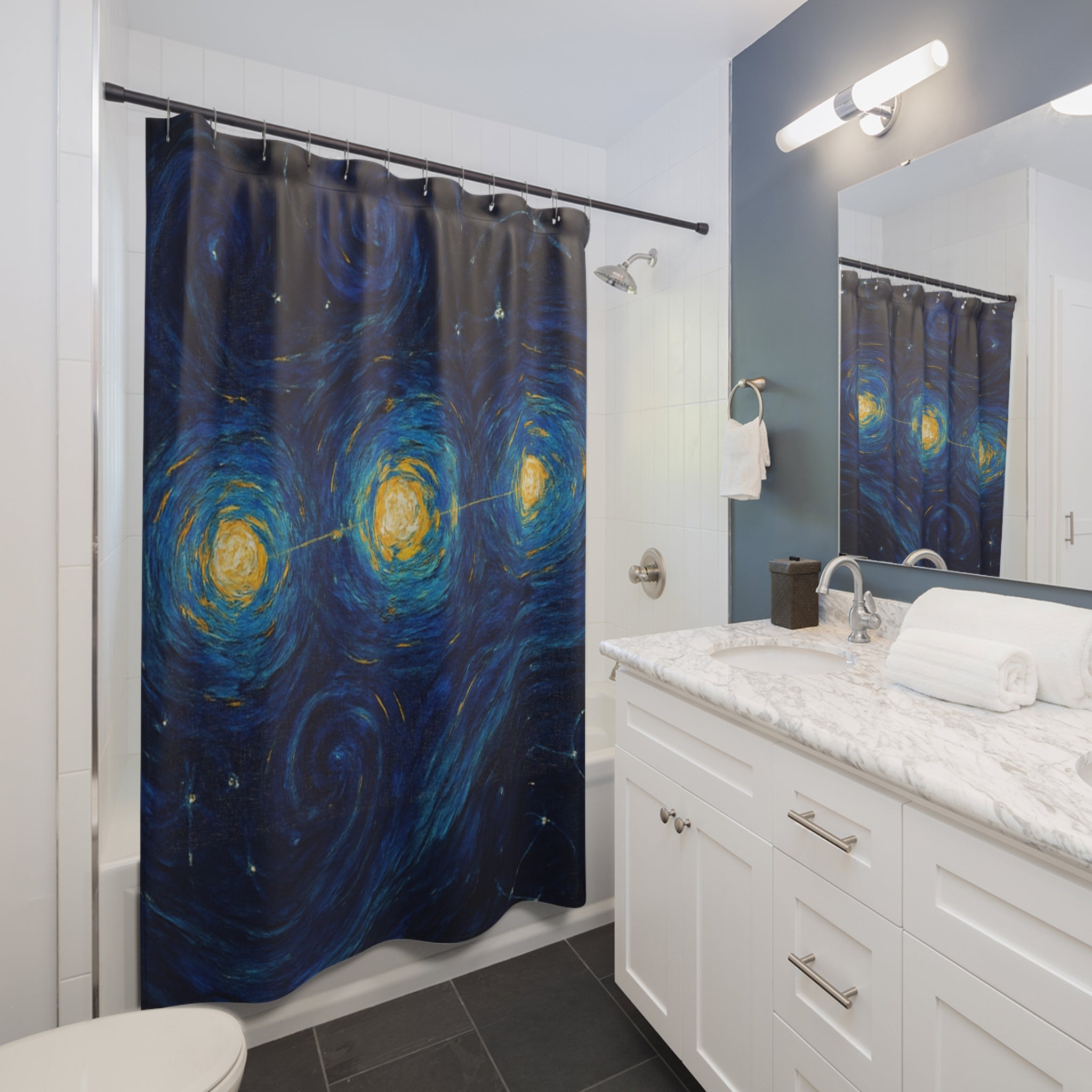 Starry Night Galaxy Shower Curtain — Swirling Blue Van Gogh-Inspired Bathroom Decor