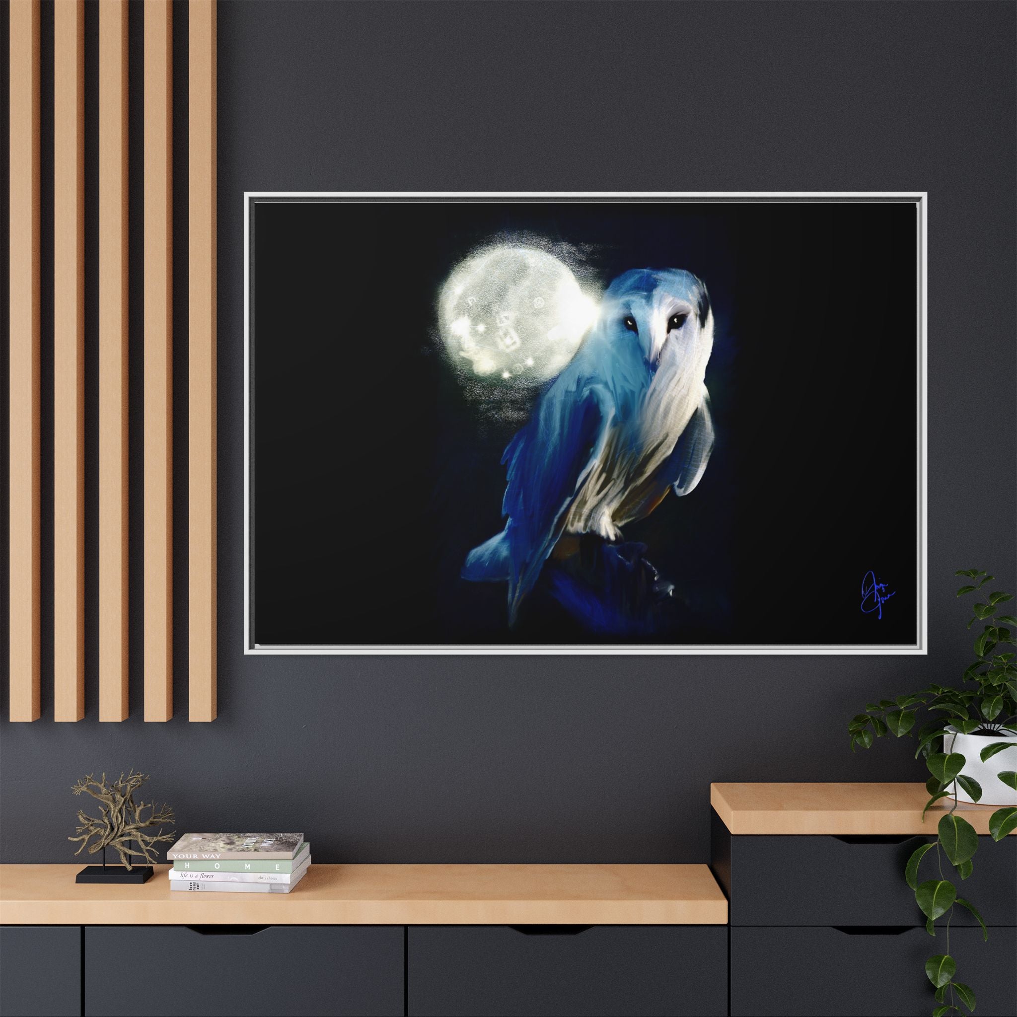 Moonlight Owl Matte Framed Canvas — Mystical Blue Owl Wall Art