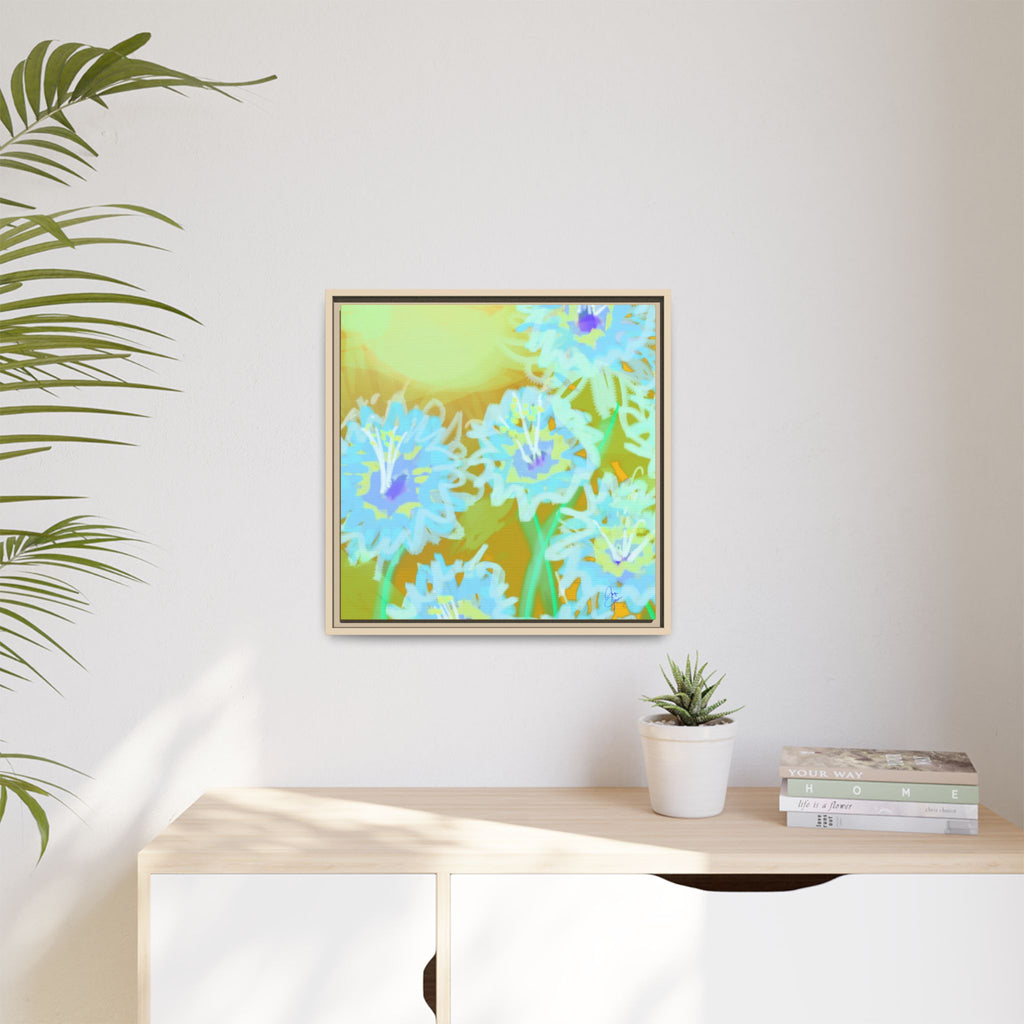 Framed Floral Canvas Art — Blue & Yellow Abstract Bouquet (Matte)