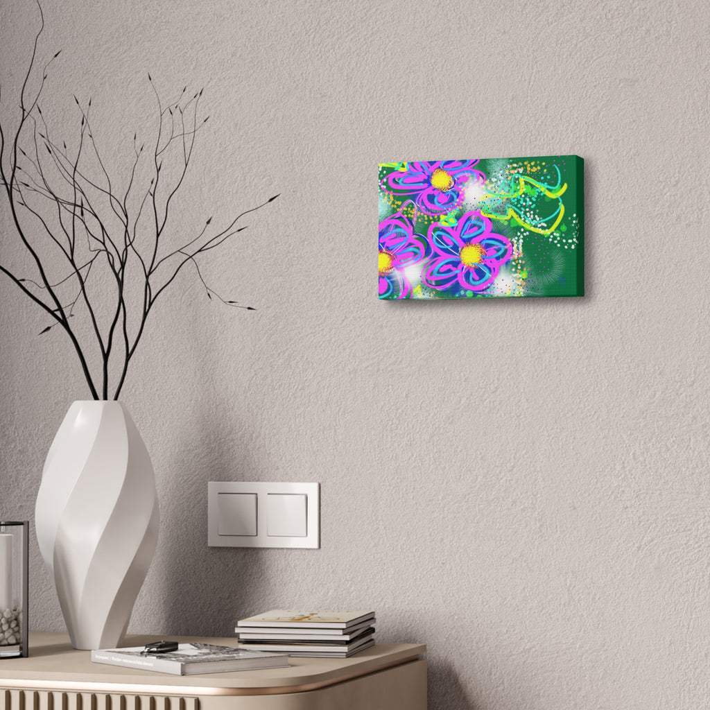 Vibrant Neon Floral Canvas Print — Pink & Green Stretched Wall Art