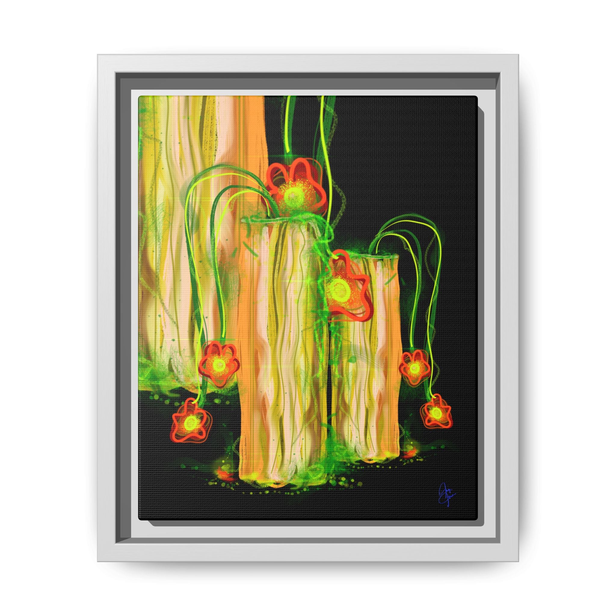 Framed Matte Canvas Print — Neon Floral Candlelight Art