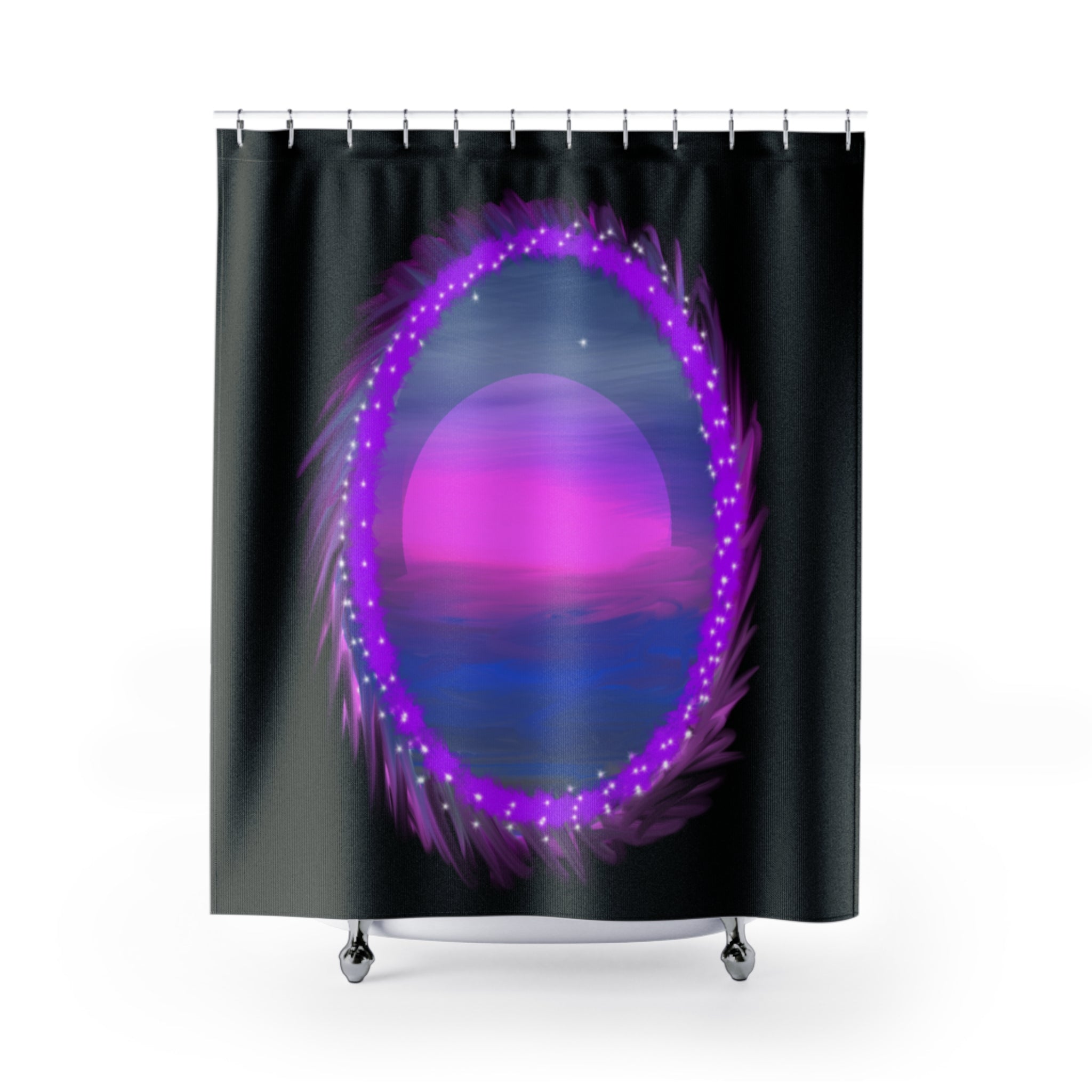 Mystic Neon Sunset Shower Curtain — Purple Galaxy Bath Decor