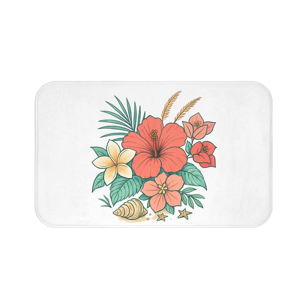 Tropical Hibiscus Bath Mat - Floral Beach Shell Bathroom Rug