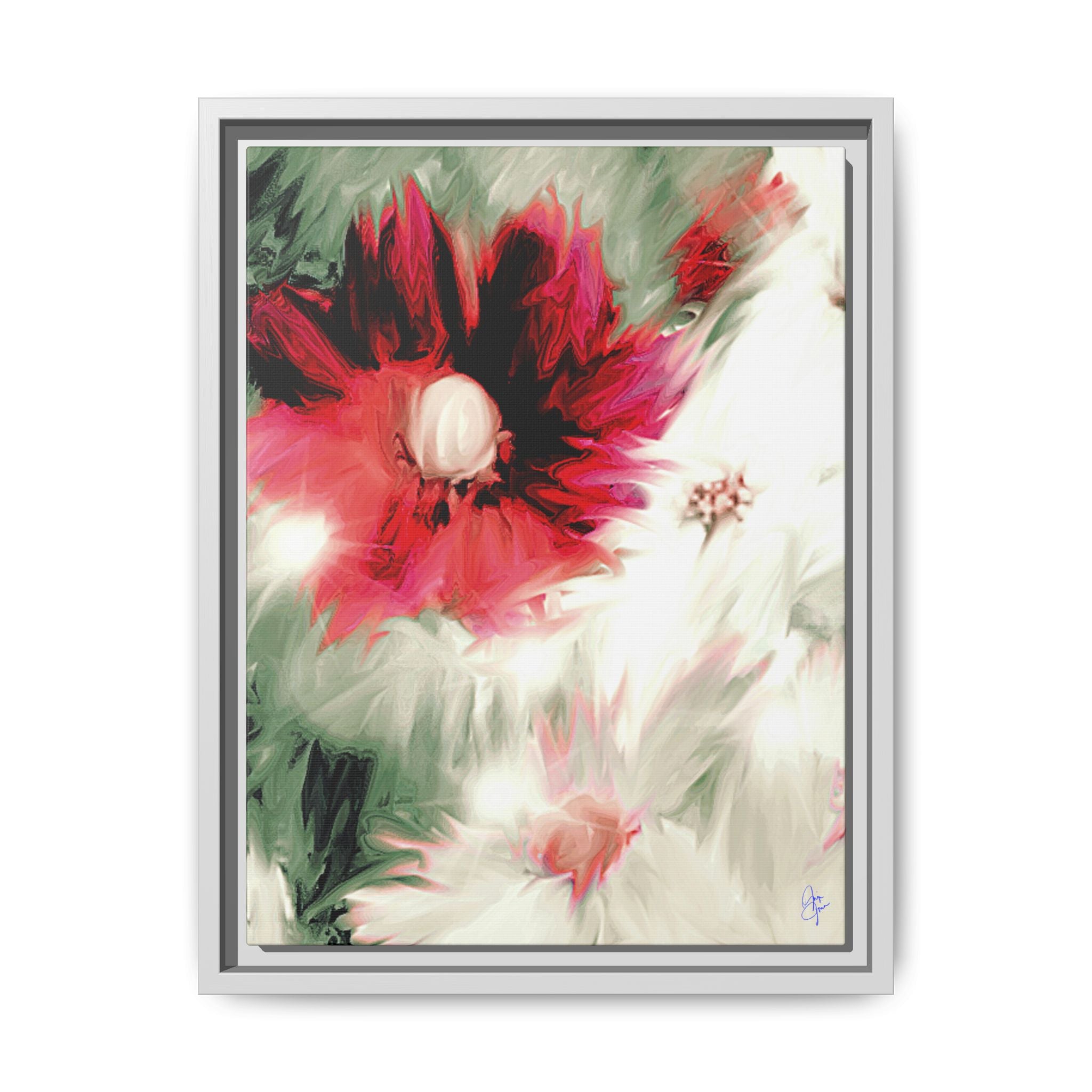 Framed Matte Canvas Print — Blurred Red & White Floral Art