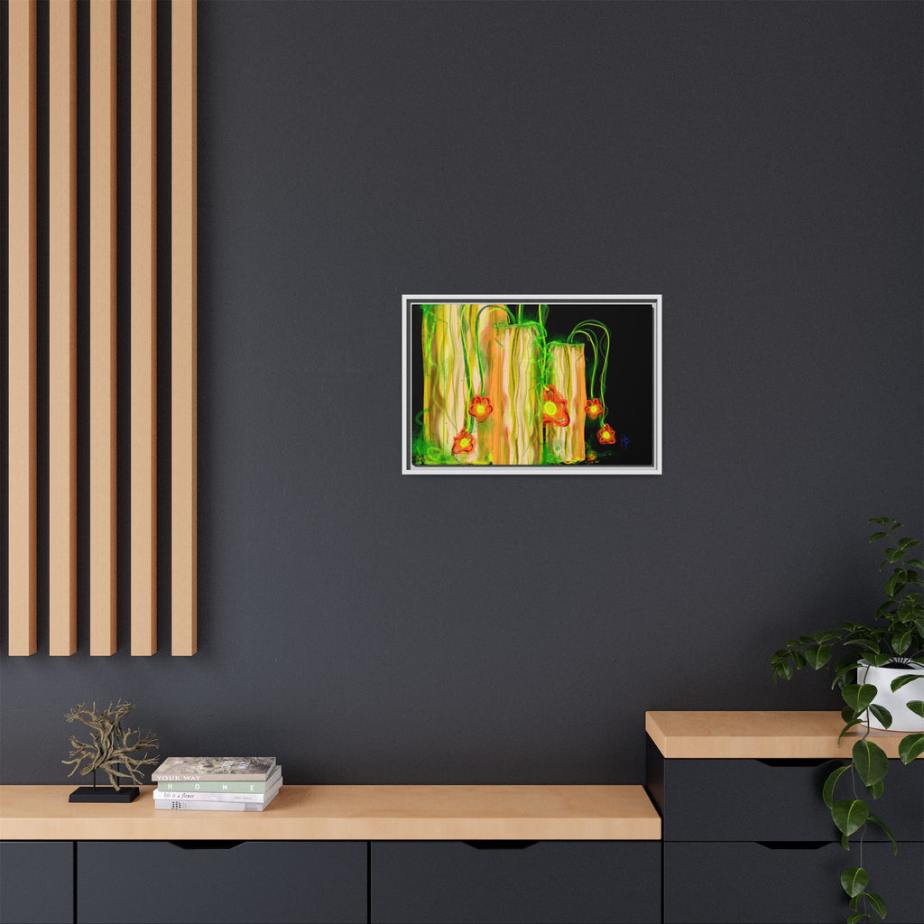 Framed Matte Canvas Print — Neon Floral Candlelight Art