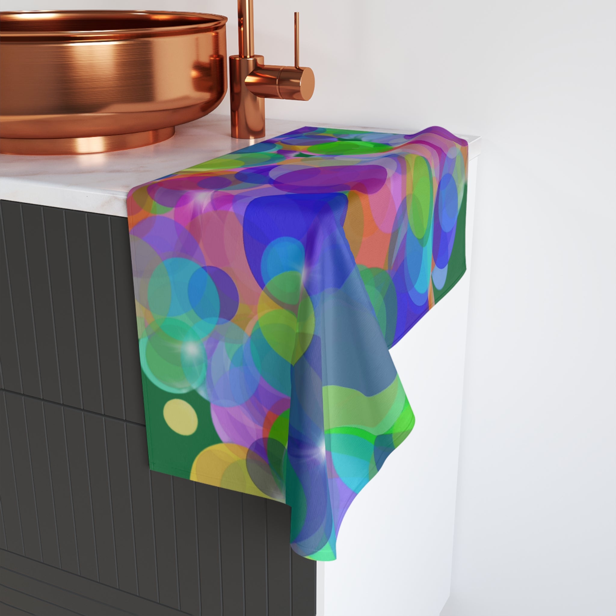 Colorful Bubble Bokeh Hand Towel — Bright Abstract Kitchen & Bathroom Accent