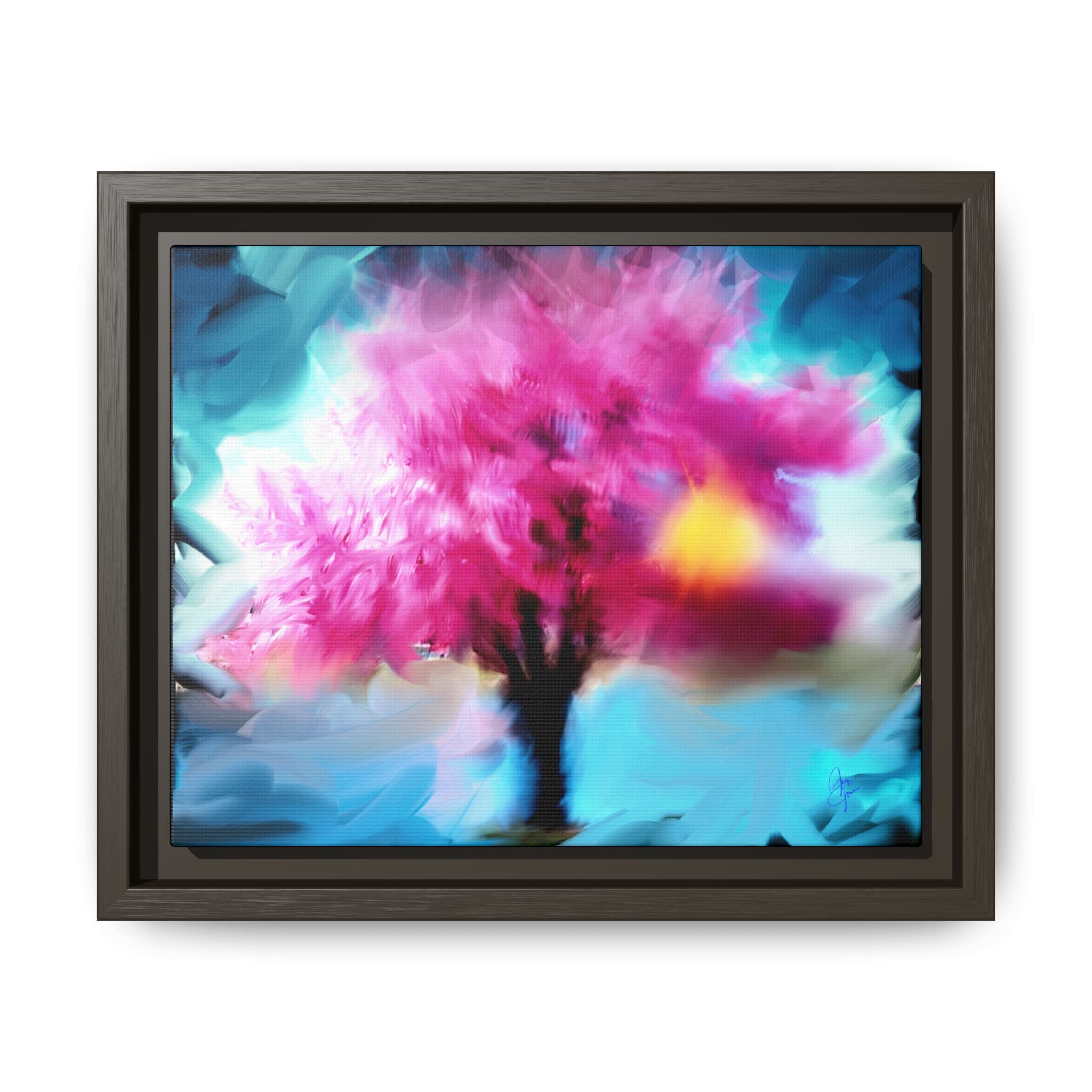 Framed Abstract Blossom Canvas — Vertical Pink & Blue Wall Art