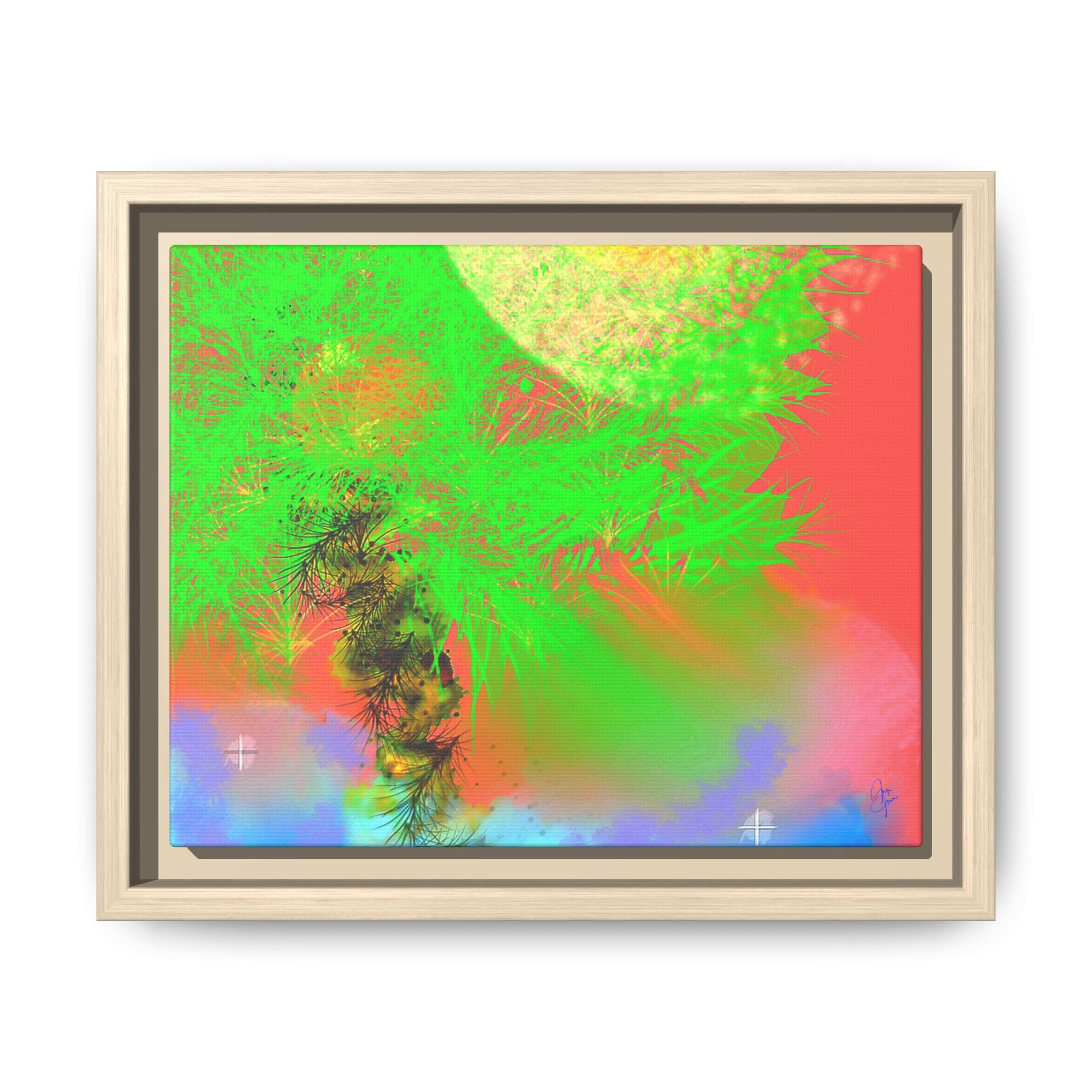 Abstract Neon Tree Matte Canvas Framed Art — Vibrant Green Moon Landscape