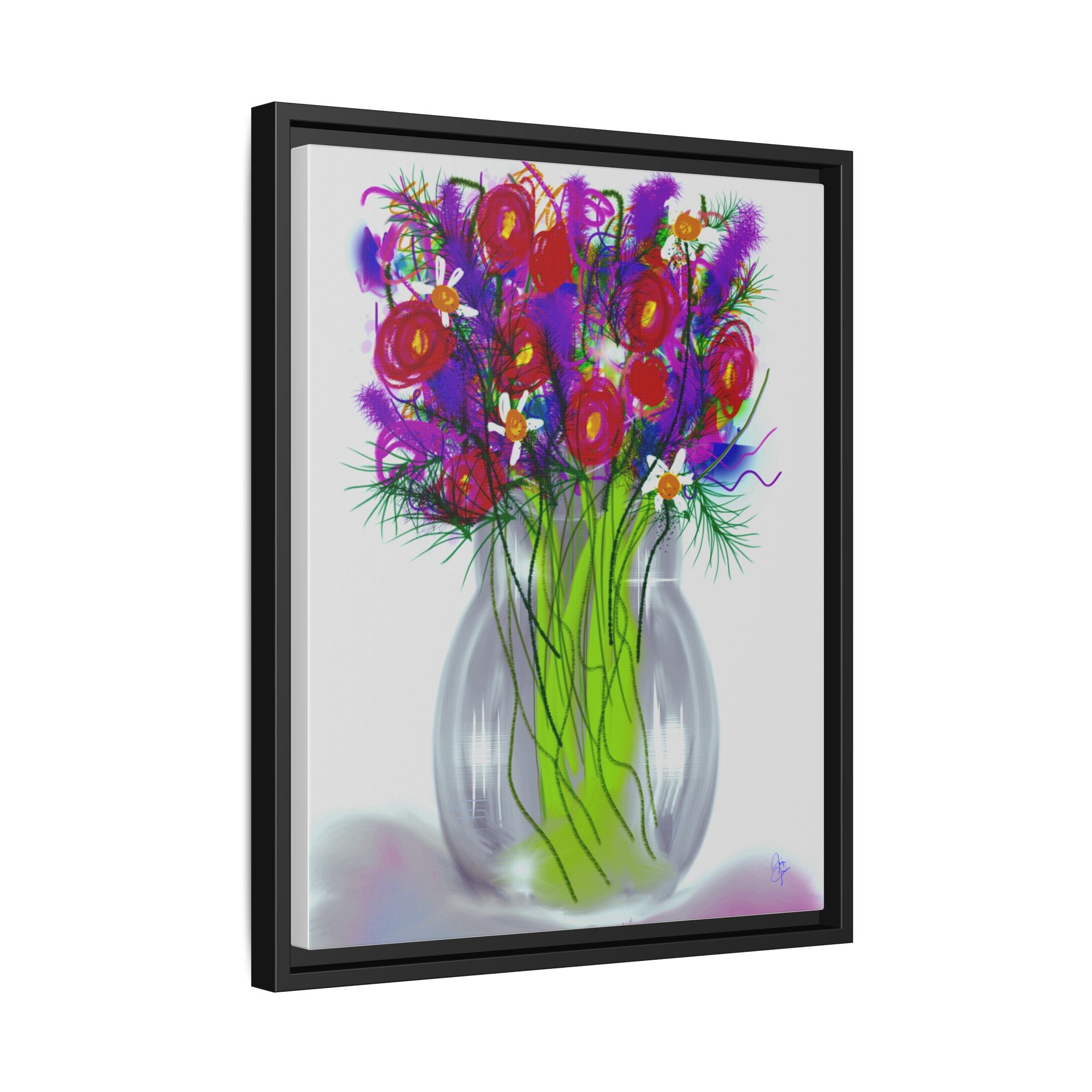 Framed Floral Bouquet Matte Canvas Wall Art — Colorful Abstract Flowers in Vase