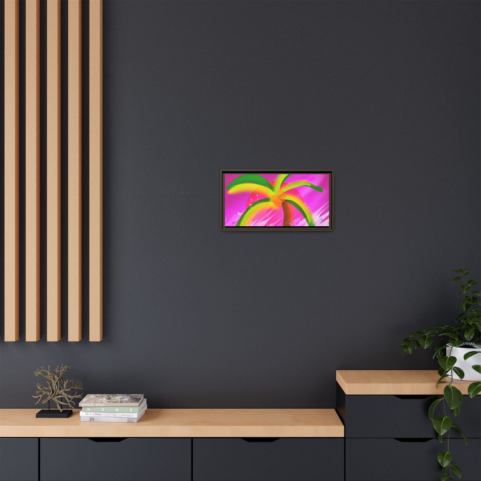 Framed Matte Canvas Print — Neon Palm Beach Art