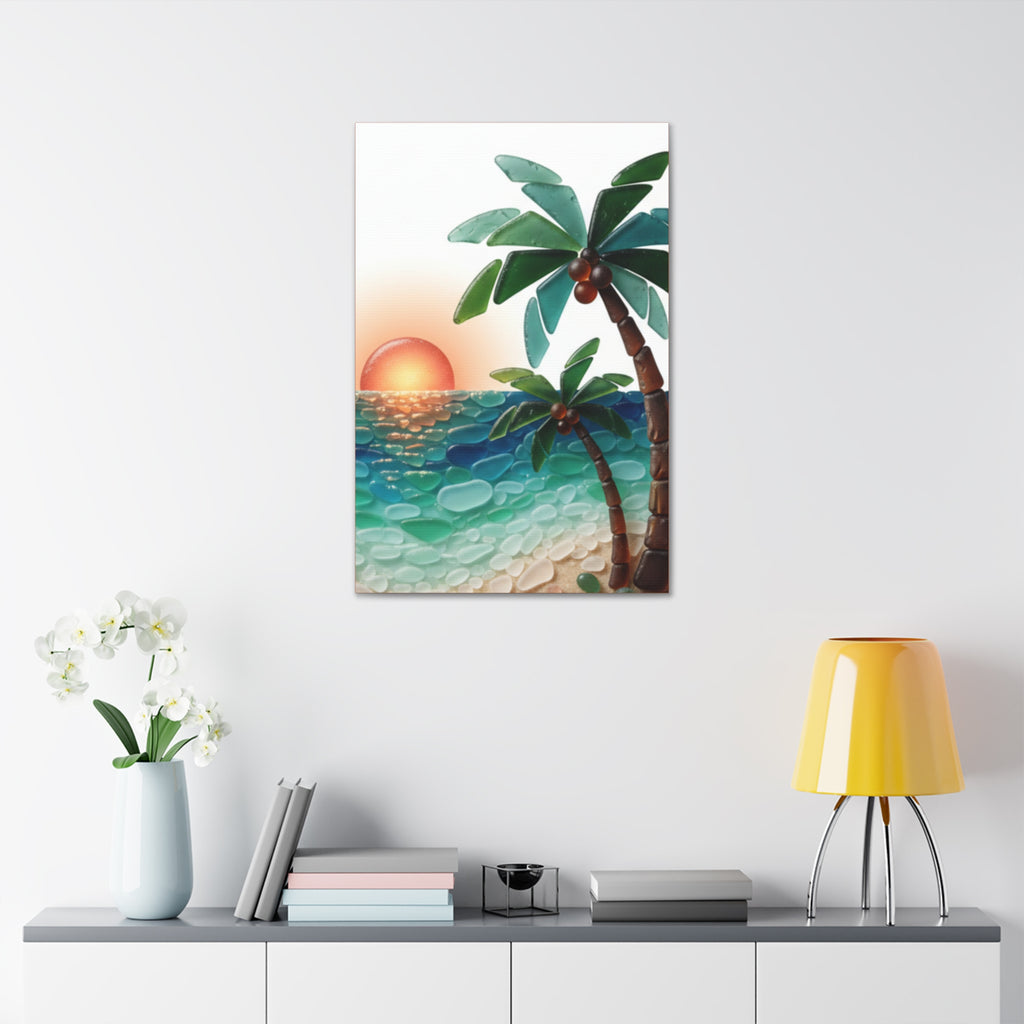 Tropical Sunset Canvas Wall Art — Palm Tree Beach Seascape Stretched Canvas