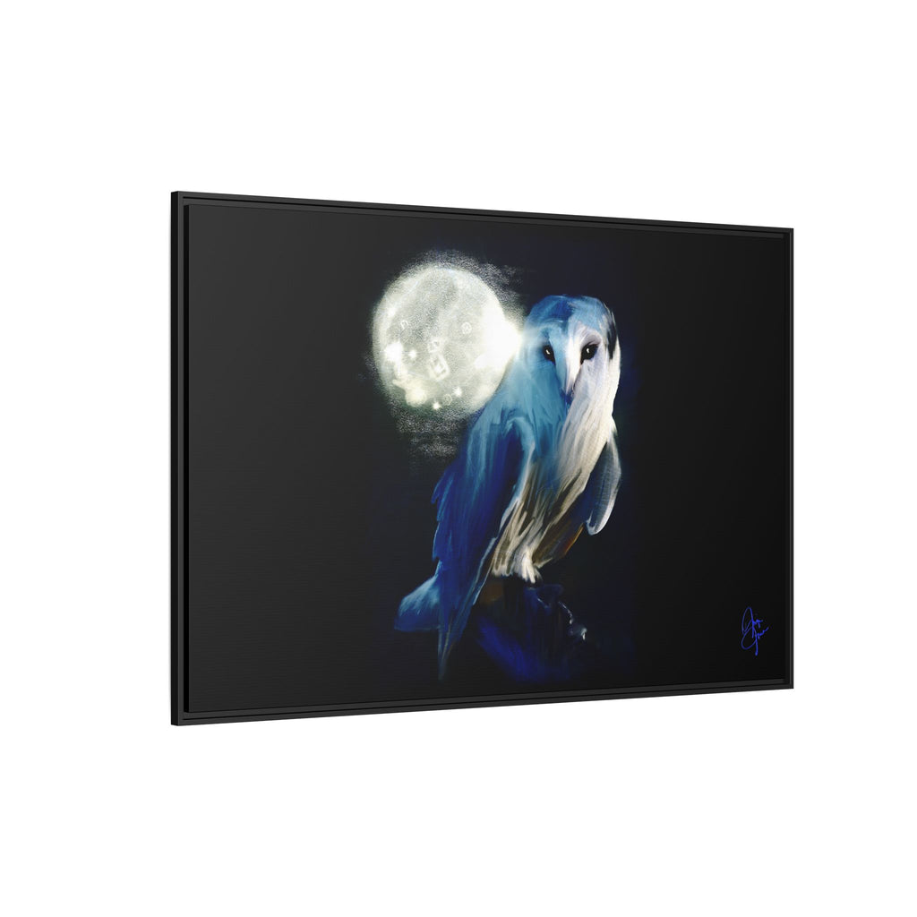 Moonlight Owl Matte Framed Canvas — Mystical Blue Owl Wall Art