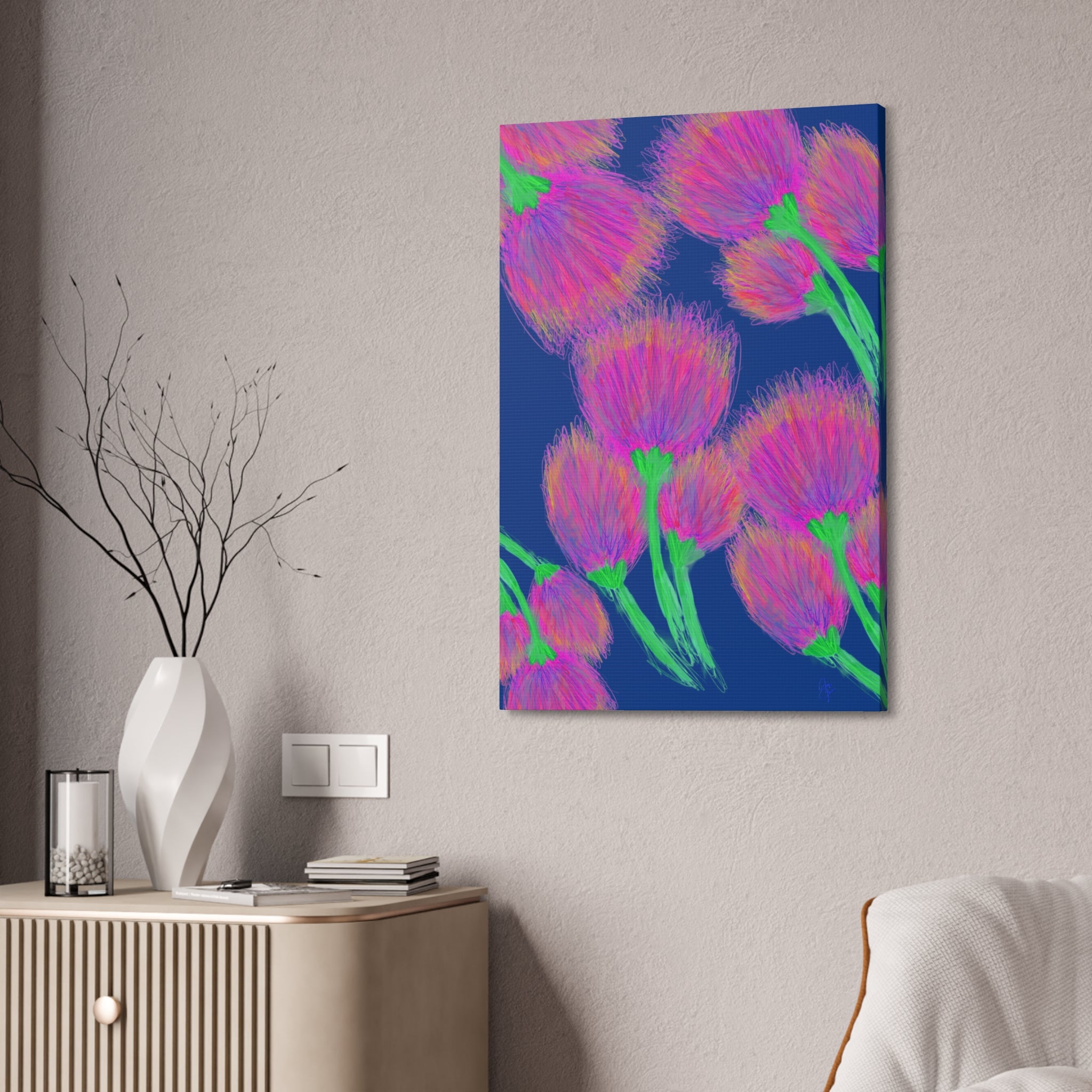 Floral Burst Canvas Print — Vibrant Pink Thistles Stretched Wall Art