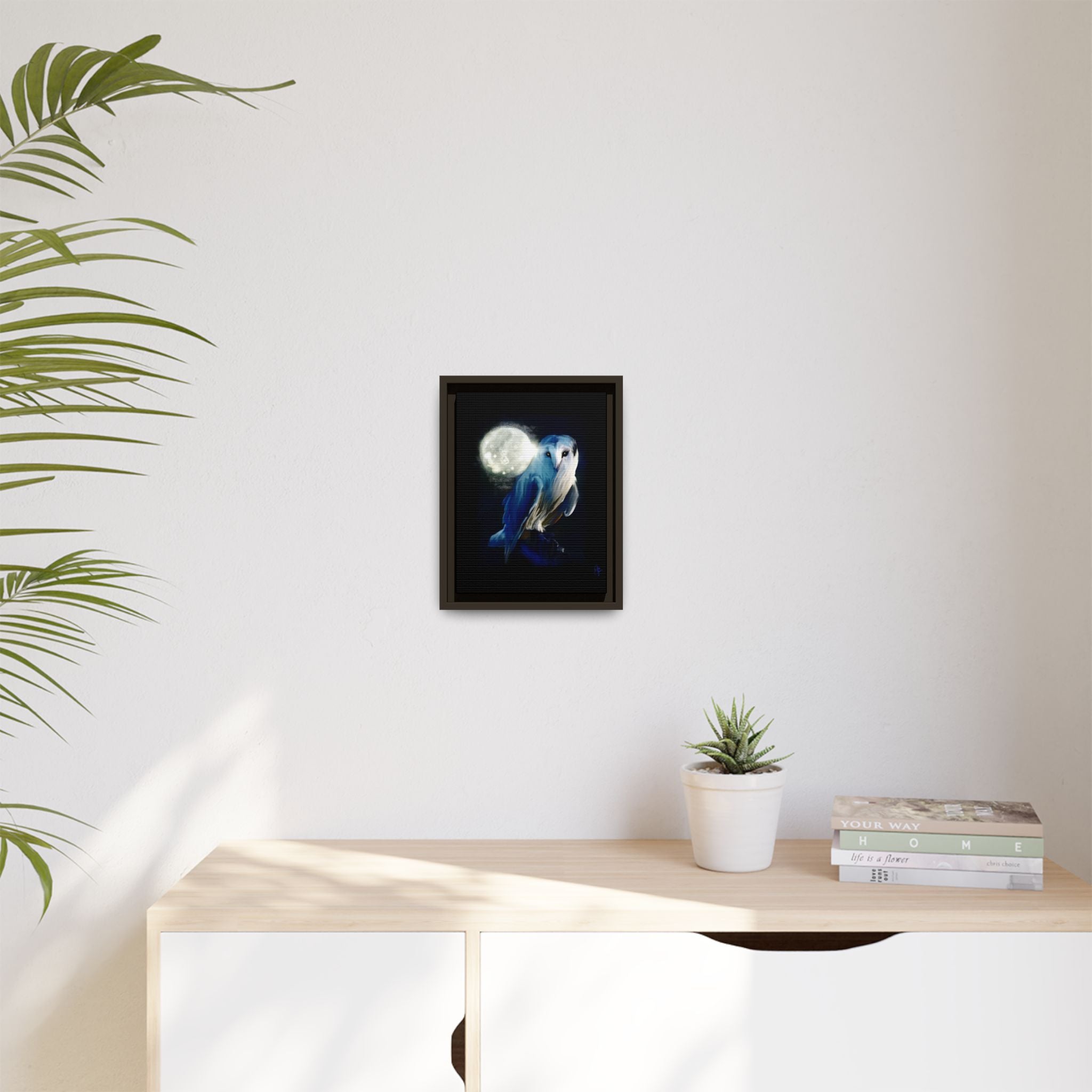 Moonlight Owl Matte Framed Canvas — Mystical Blue Owl Wall Art