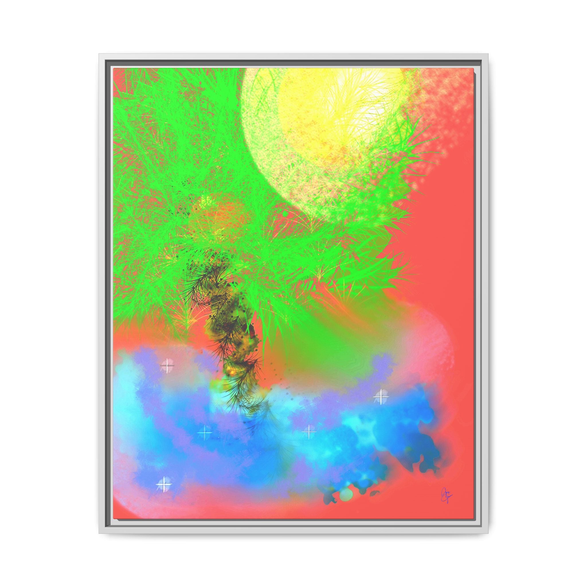 Abstract Neon Tree Matte Canvas Framed Art — Vibrant Green Moon Landscape
