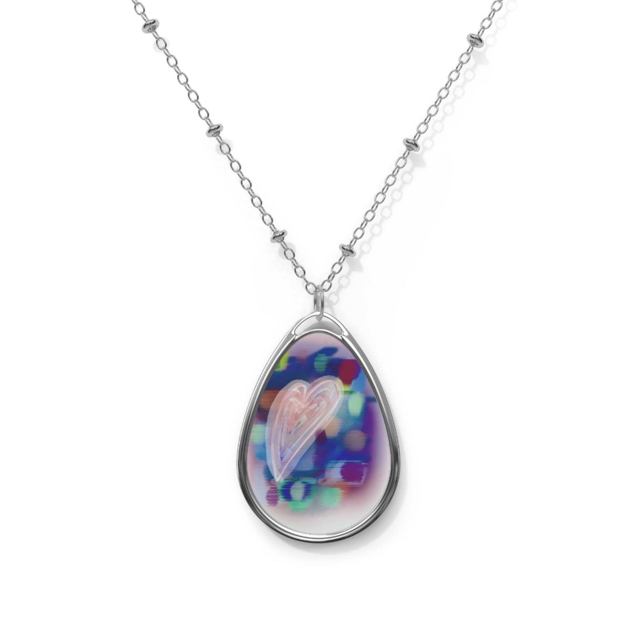 Oval Heart Pendant Necklace — Colorful Abstract Heart Teardrop Necklace