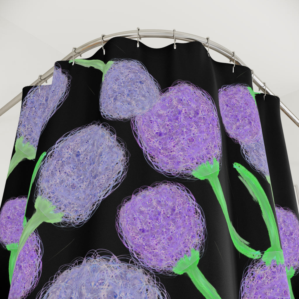 Purple Pom-Pom Floral Shower Curtain — Modern Botanical Bathroom Decor