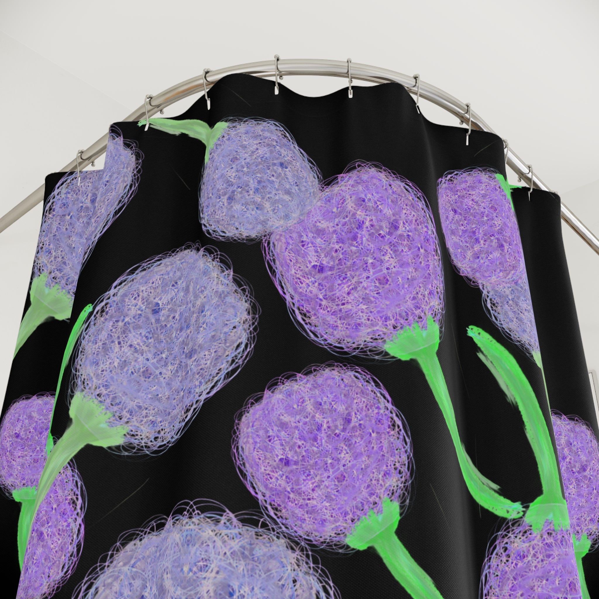 Purple Pom-Pom Floral Shower Curtain — Modern Botanical Bathroom Decor