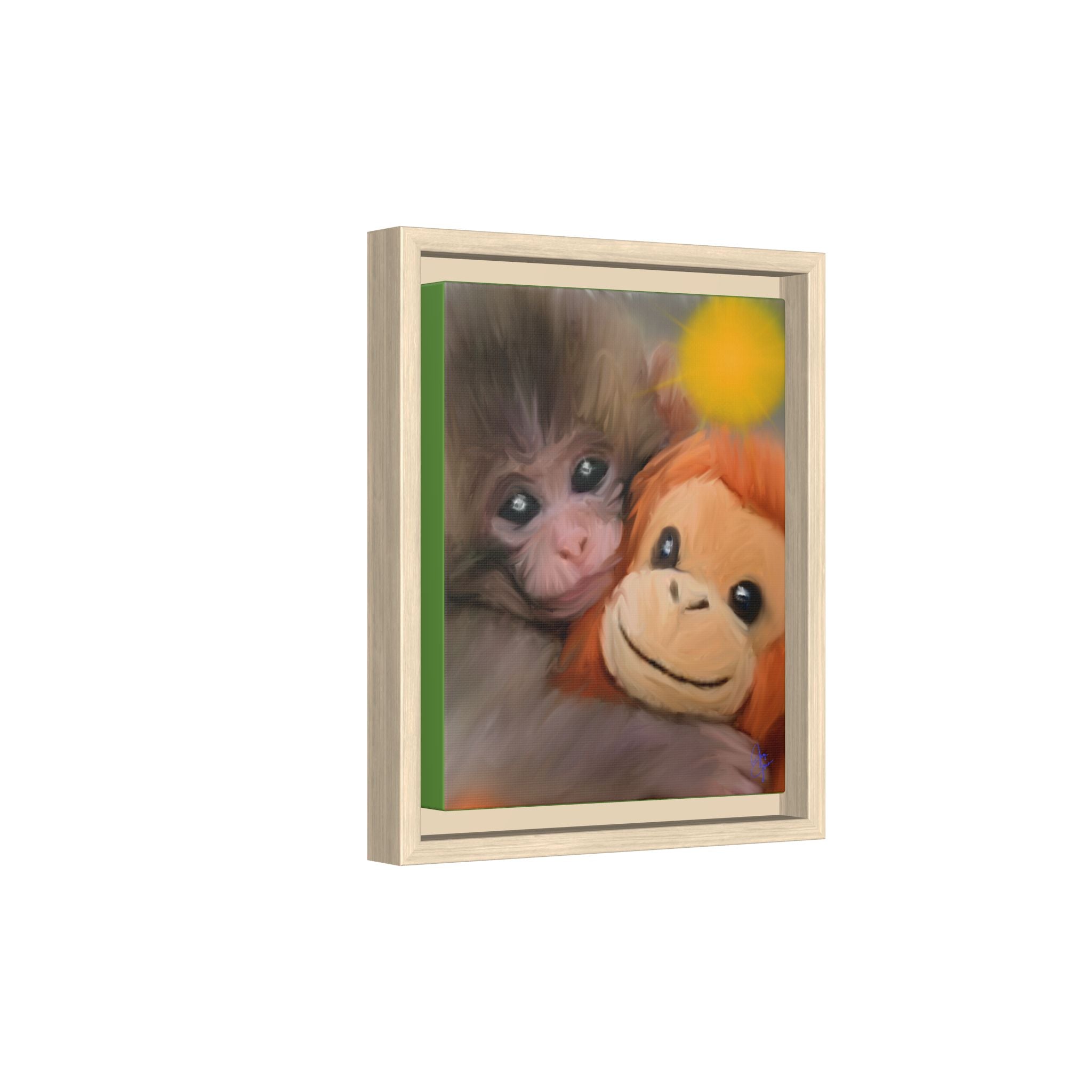 Framed Matte Canvas Print — Baby Monkey & Plush Orangutan Wall Art