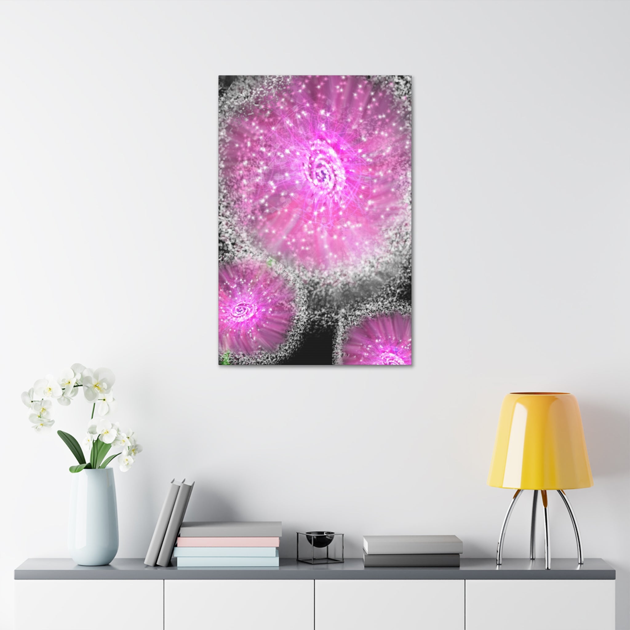 Pink Sparkle Floral Canvas Print — Abstract Dandelion Wall Art (Stretched 1.5")