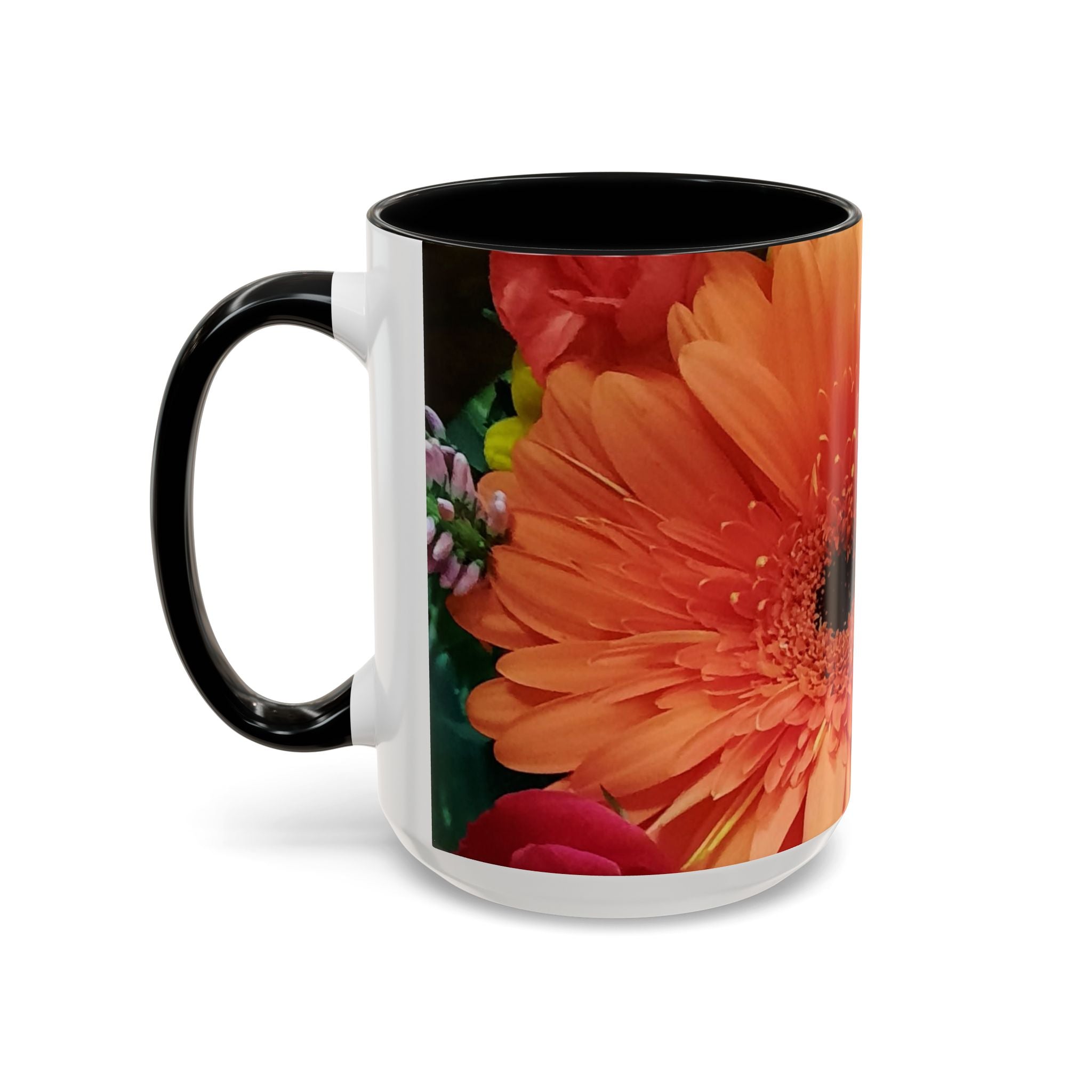 Floral Gerbera Accent Coffee Mug — Orange & Yellow Daisy Photo Wrap (11/15 oz)