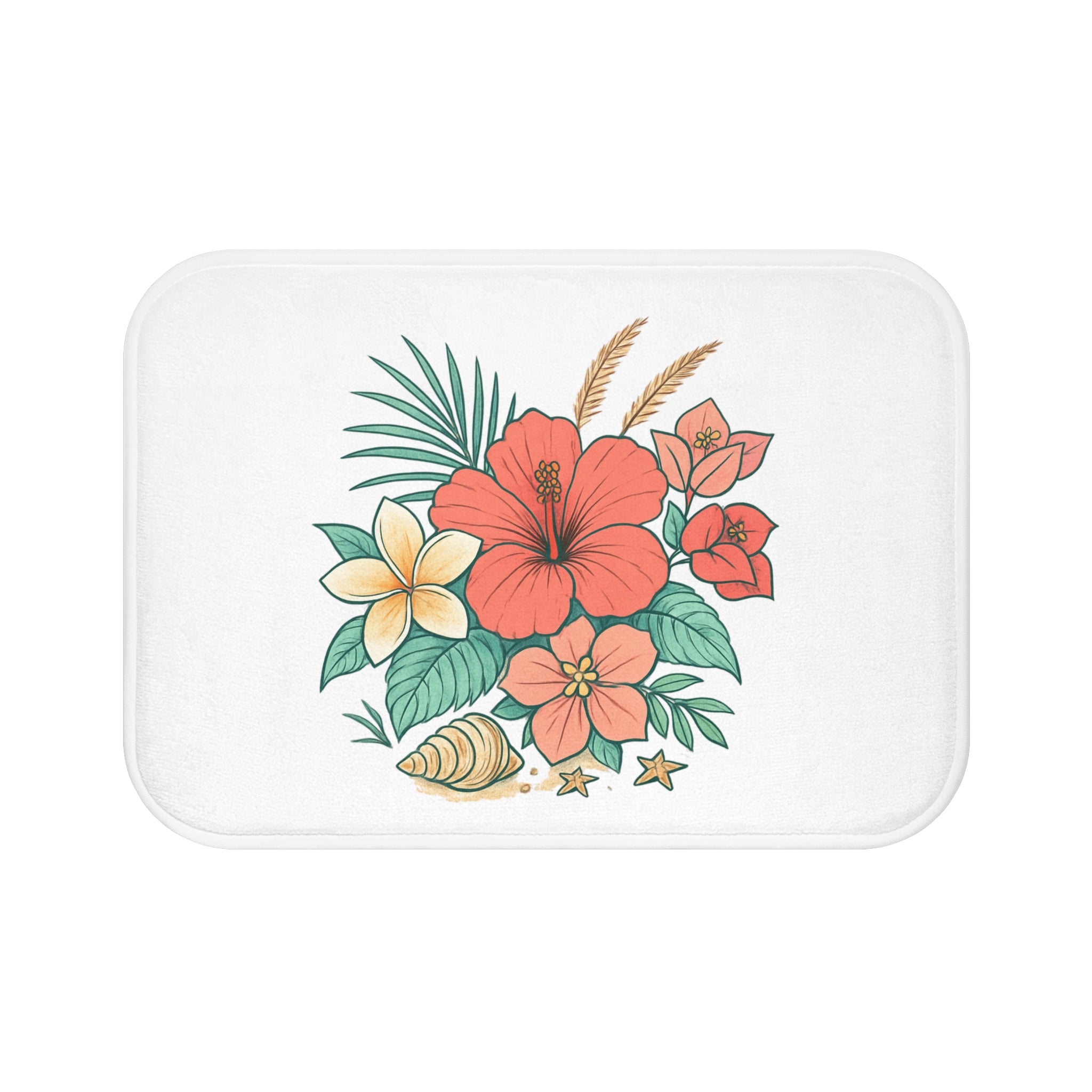 Tropical Hibiscus Bath Mat - Floral Beach Shell Bathroom Rug