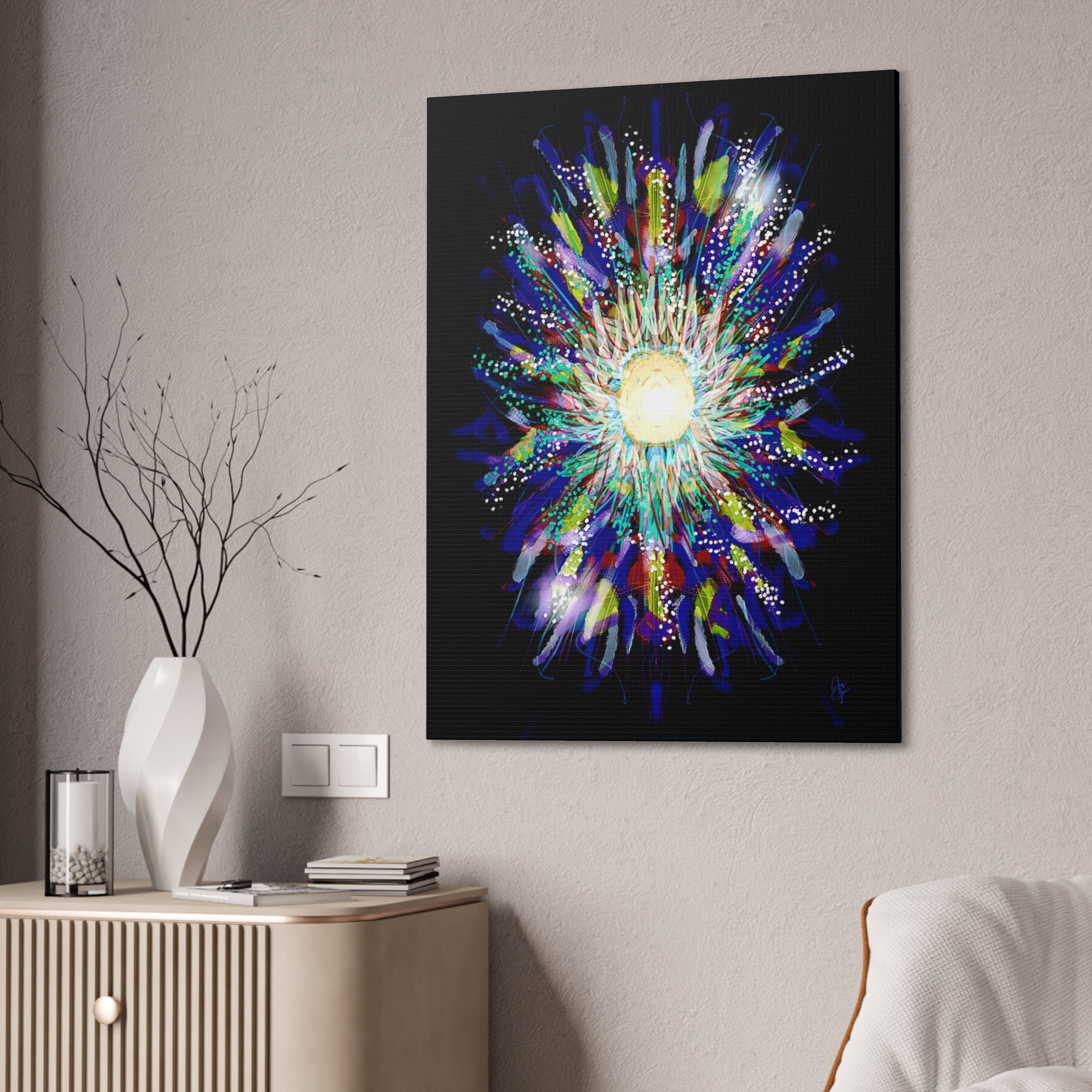 Abstract Cosmic Burst Canvas Wall Art — Colorful Sunflower Explosion on Black