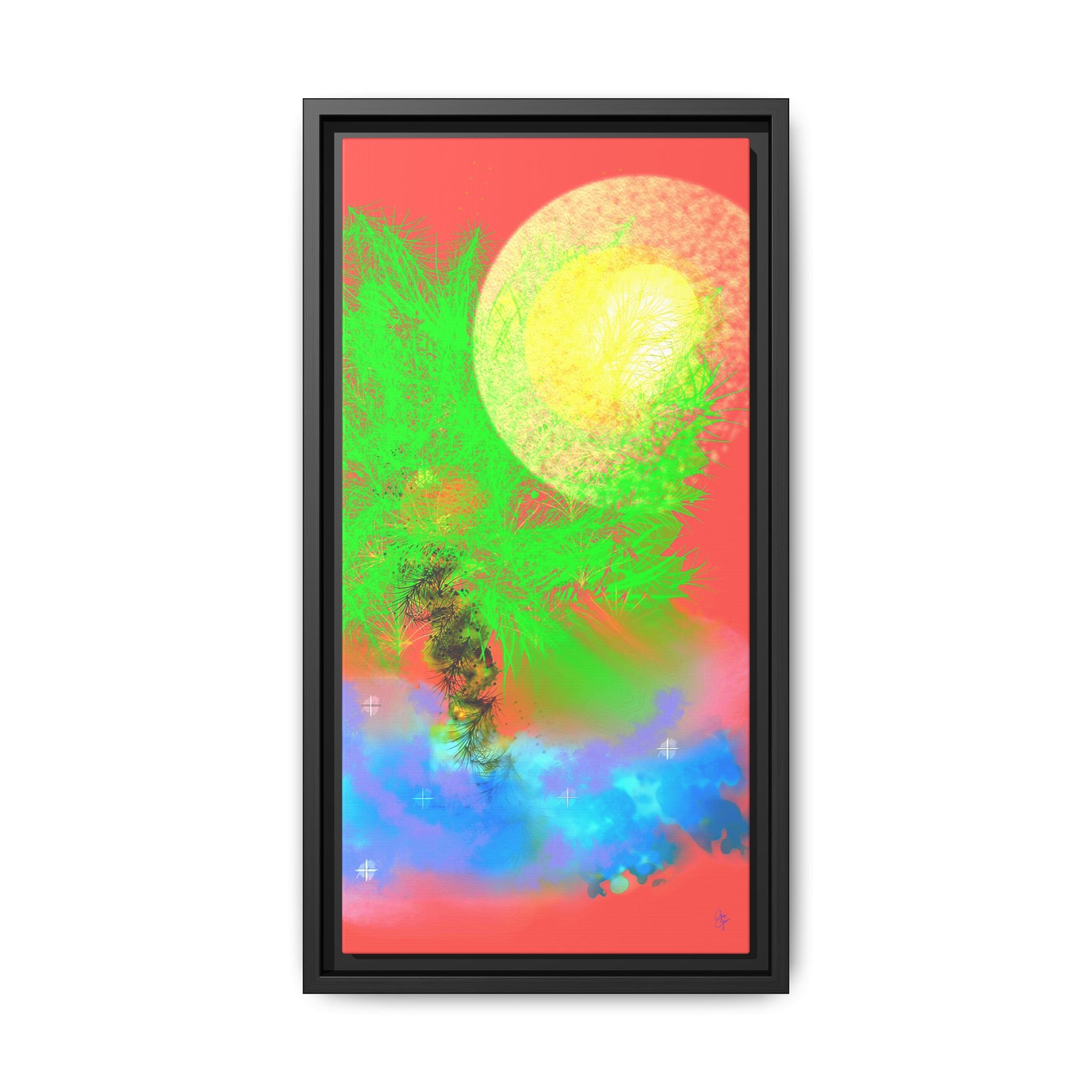 Abstract Neon Tree Matte Canvas Framed Art — Vibrant Green Moon Landscape
