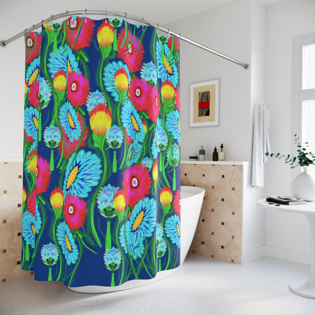 Floral Shower Curtain - Bright Blue Neon Wildflower Bathroom Decor