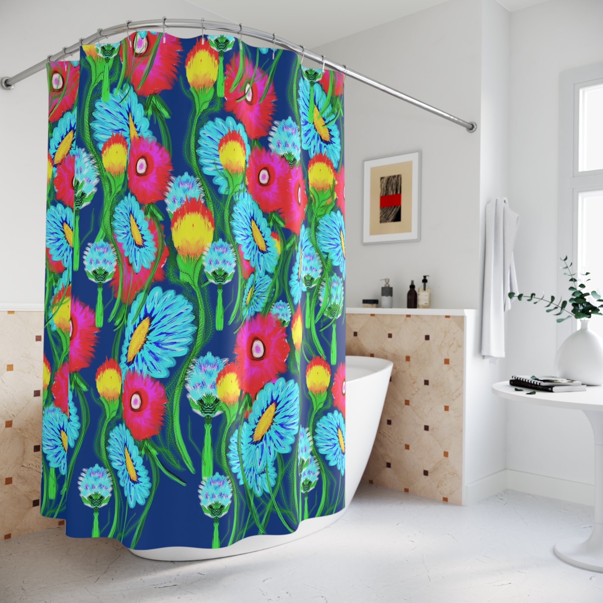 Floral Shower Curtain - Bright Blue Neon Wildflower Bathroom Decor