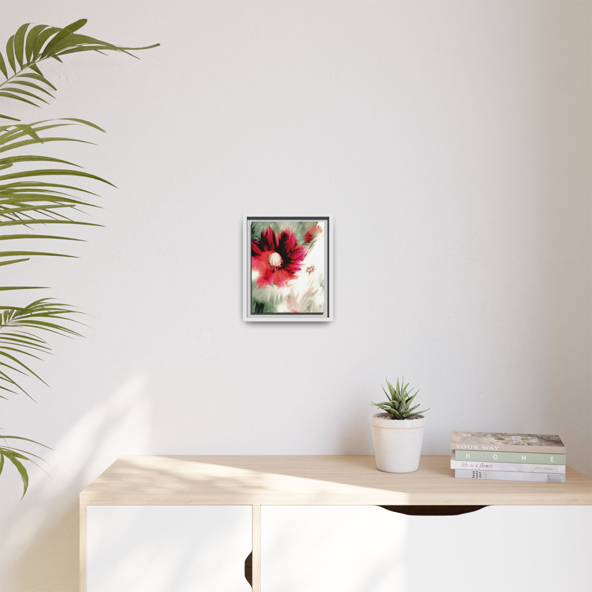 Framed Matte Canvas Print — Blurred Red & White Floral Art