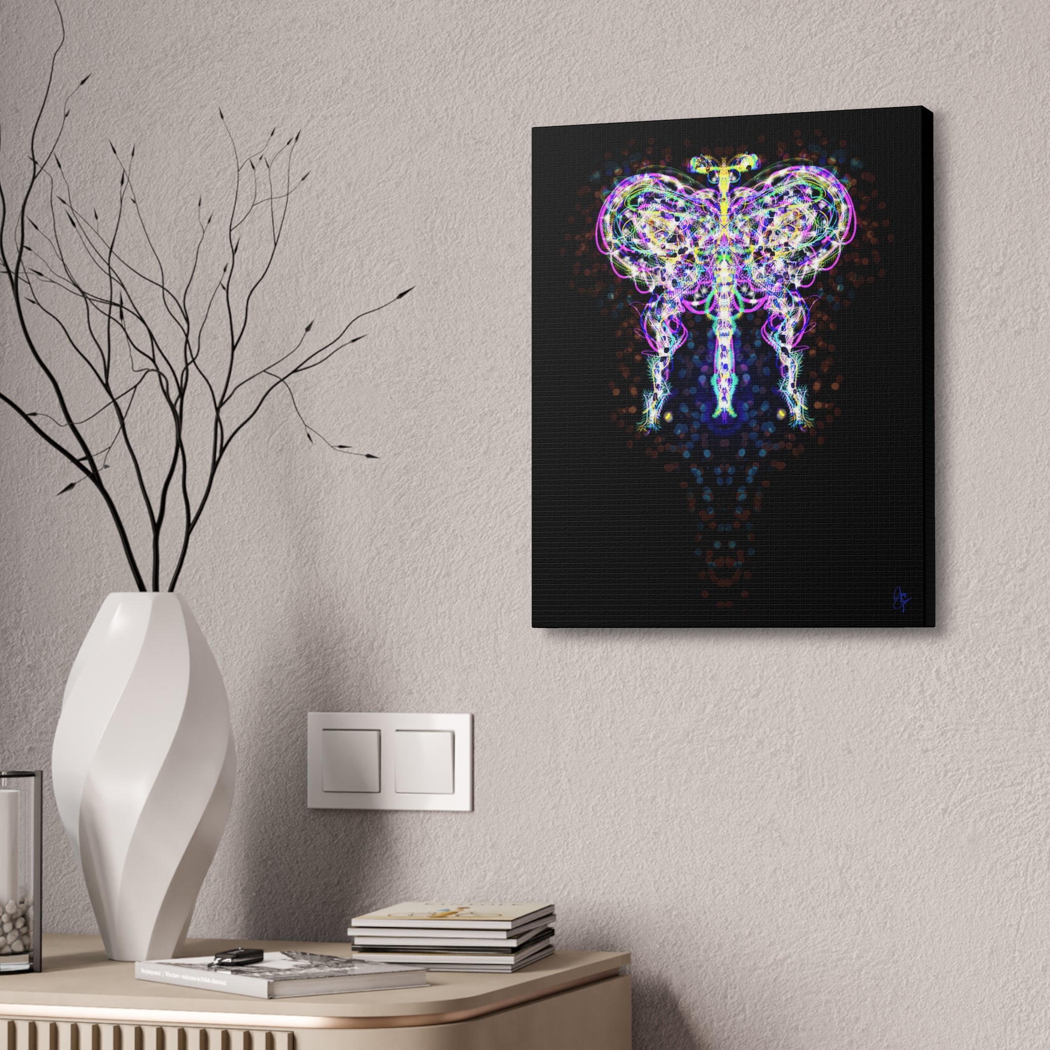 Butterfly Energy Canvas Print — Abstract Neon Butterfly Wall Art on Green
