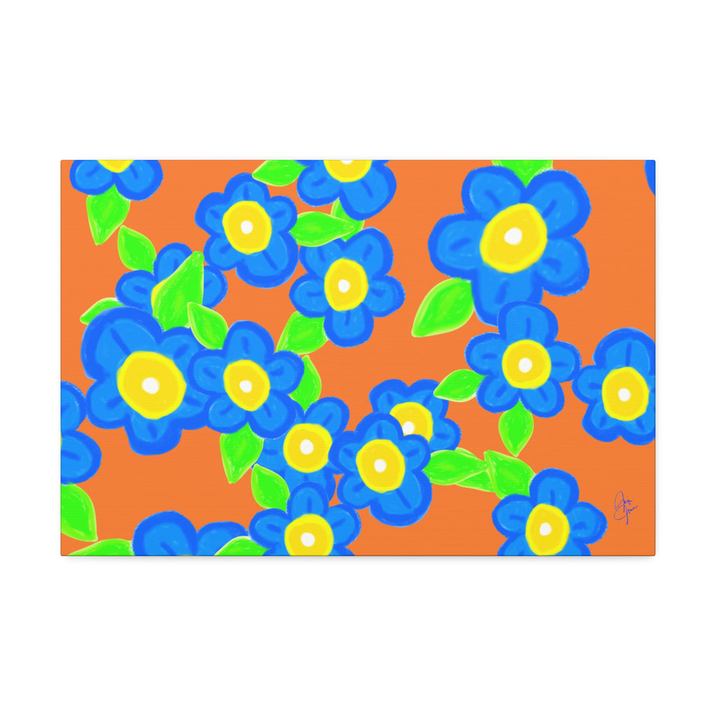 Blue Floral Canvas Wall Art — Bright Hand-Drawn Flowers on Mustard Background