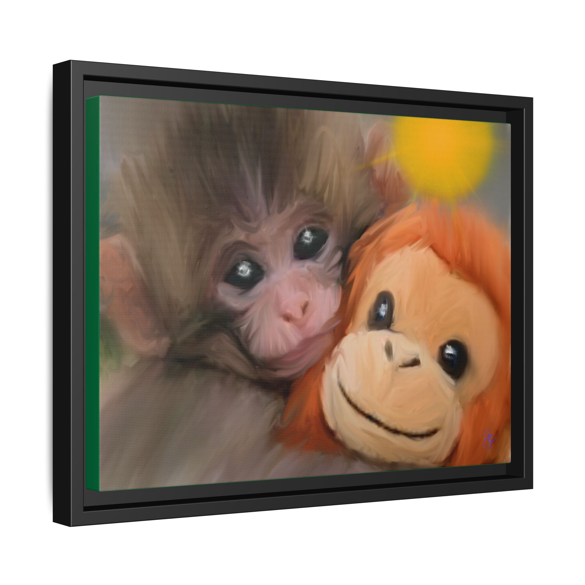 Framed Matte Canvas Print — Baby Monkey & Plush Orangutan Wall Art