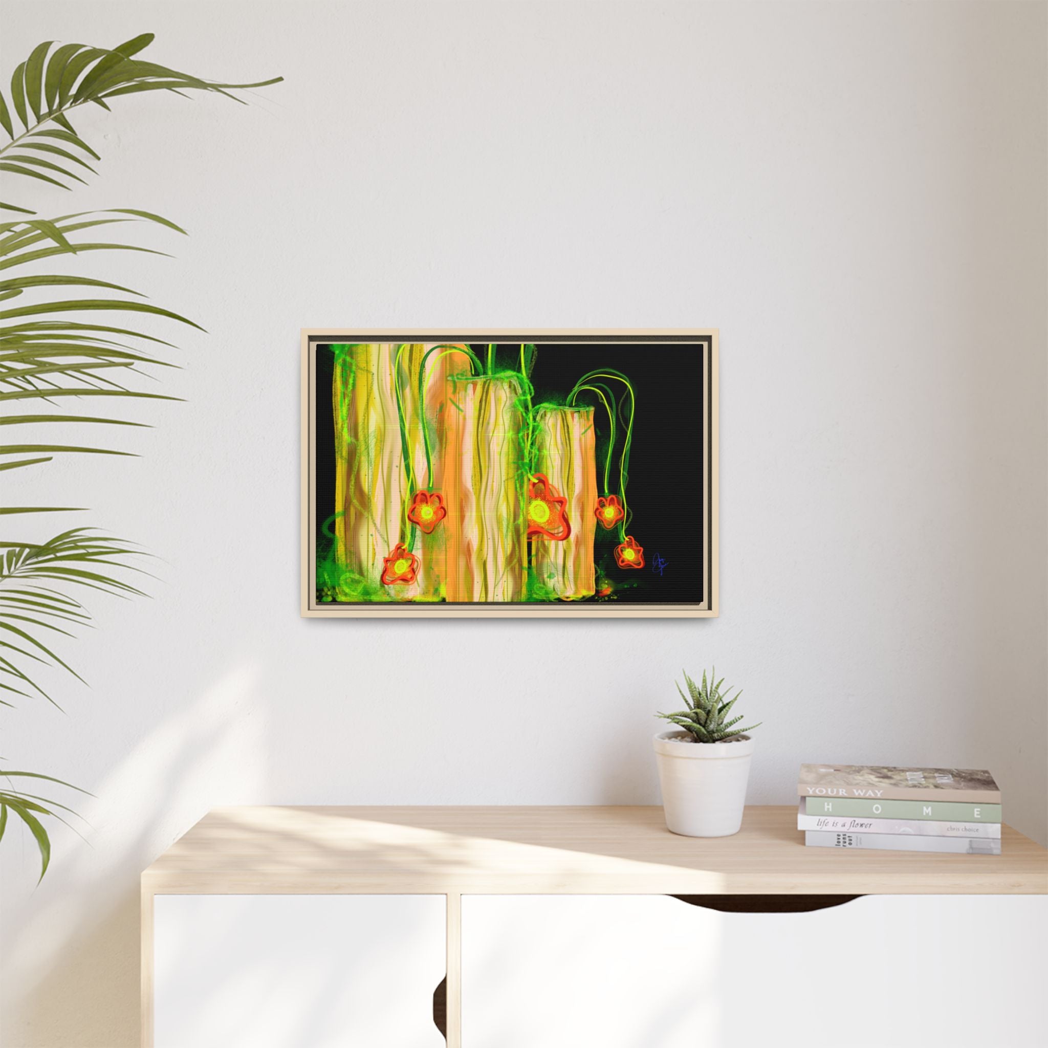 Framed Matte Canvas Print — Neon Floral Candlelight Art