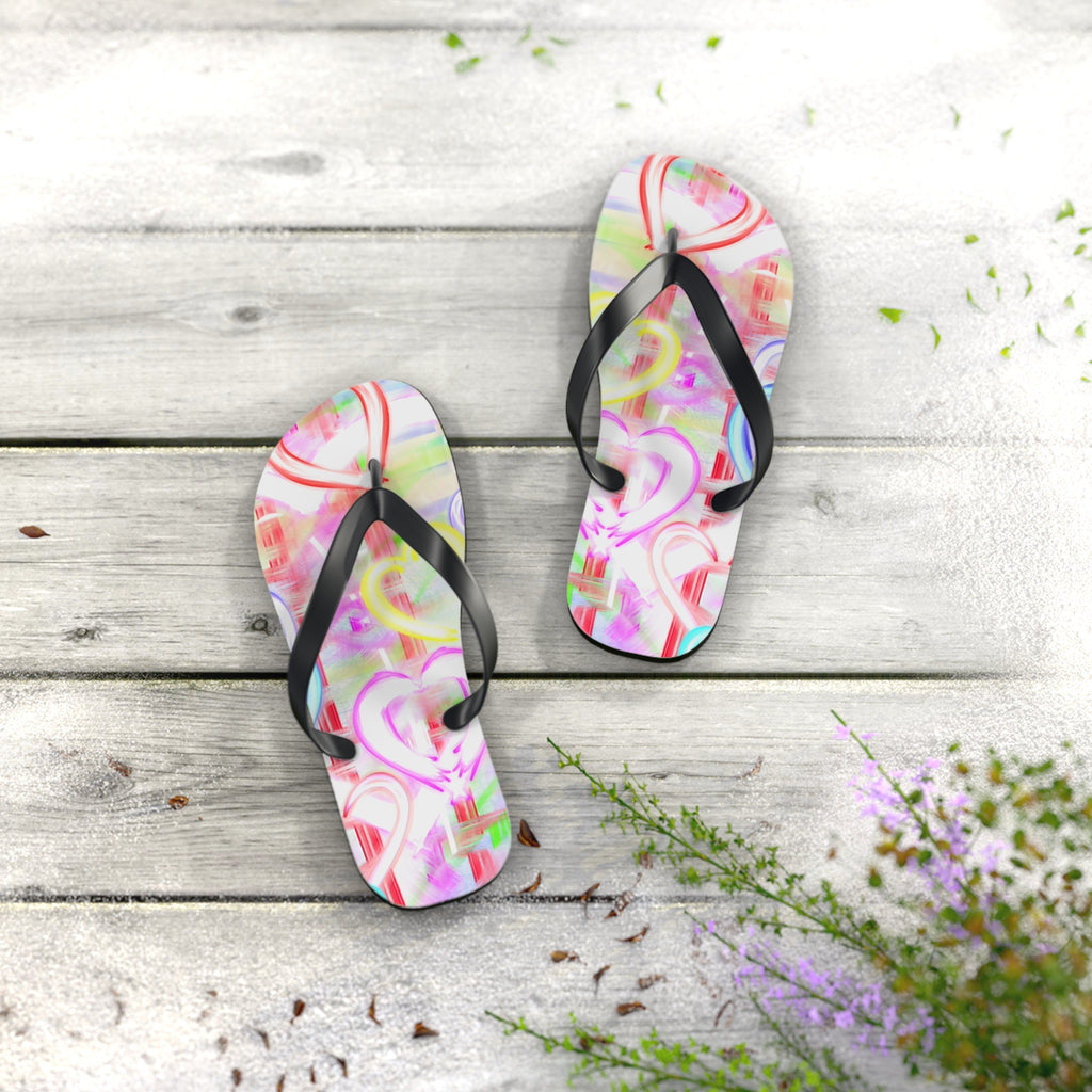 Heart Pattern Flip Flops — Pastel Neon Love Beach Sandals